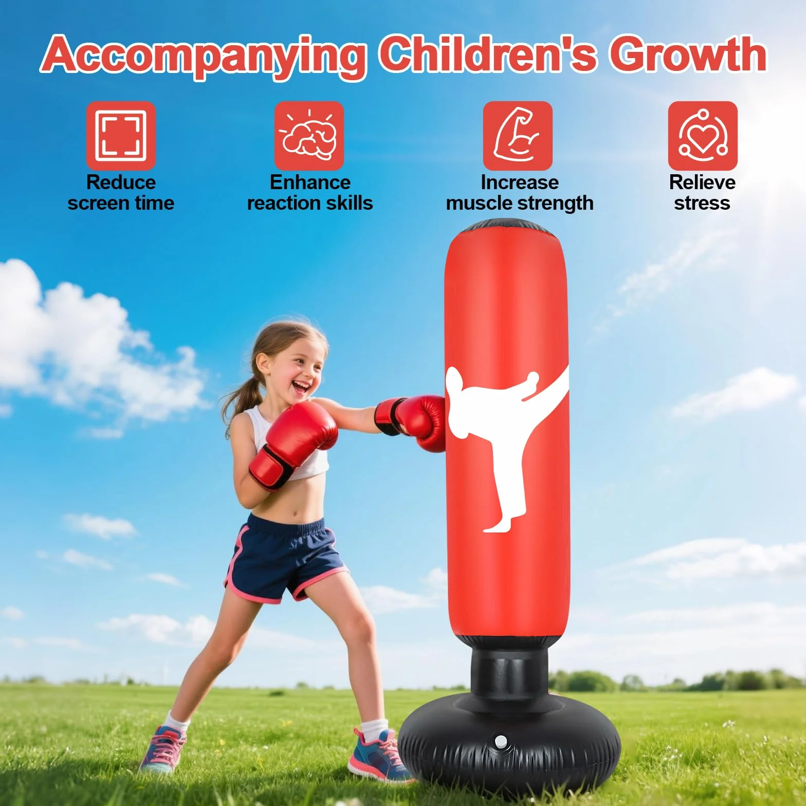 Sac de Frappe Enfant, 160cm Sac de Boxe avec Gants et Pompe, Gonflable Punching Ball Enfants pour Taekwondo Karaté, 3-12 Ans Cadeaux pour GarçOns et Filles Set de Boxe pour Bureau,Gym