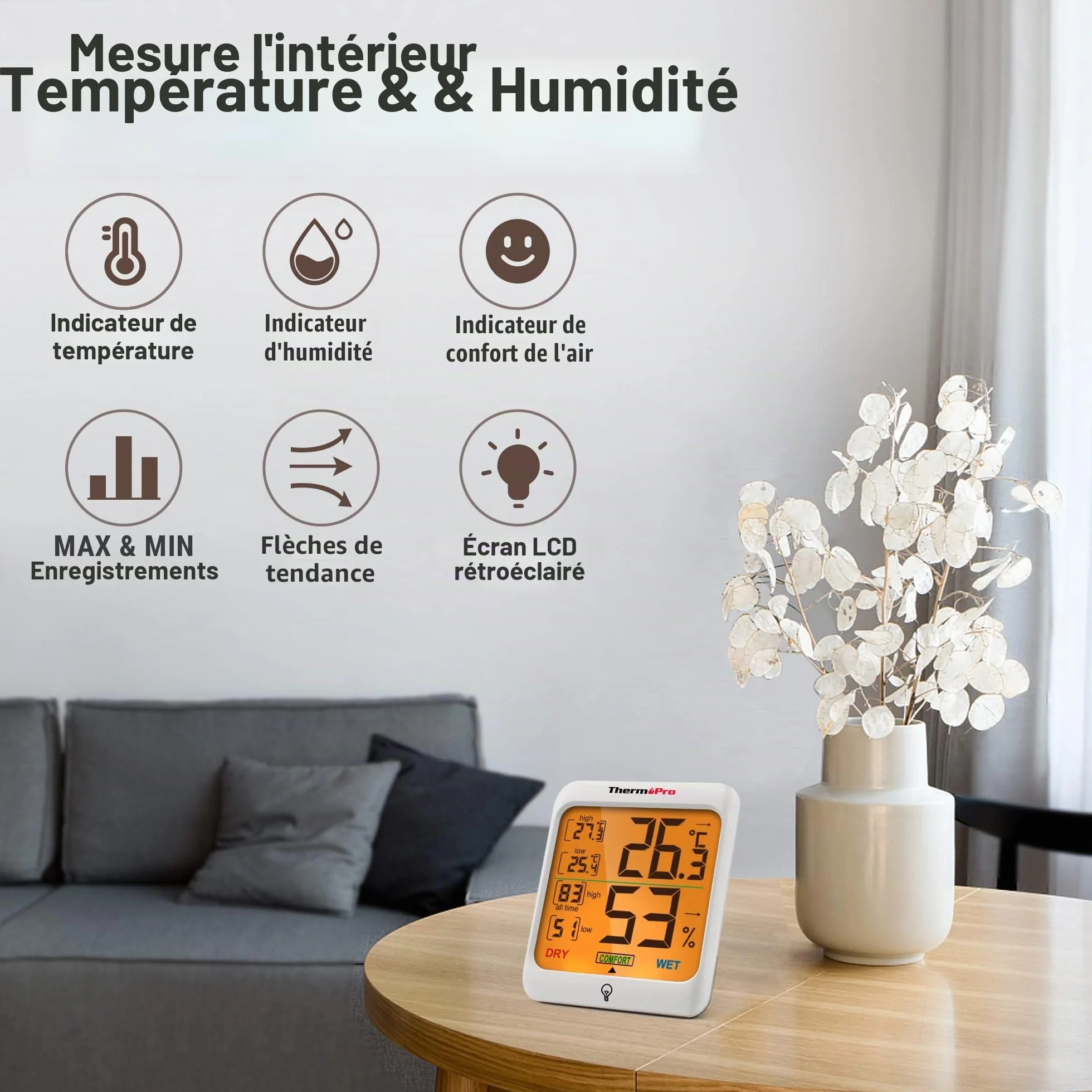 ThermoPro TP53 Thermomètre Intérieur Hygromètre avec Rétroéclairage Grand Écran