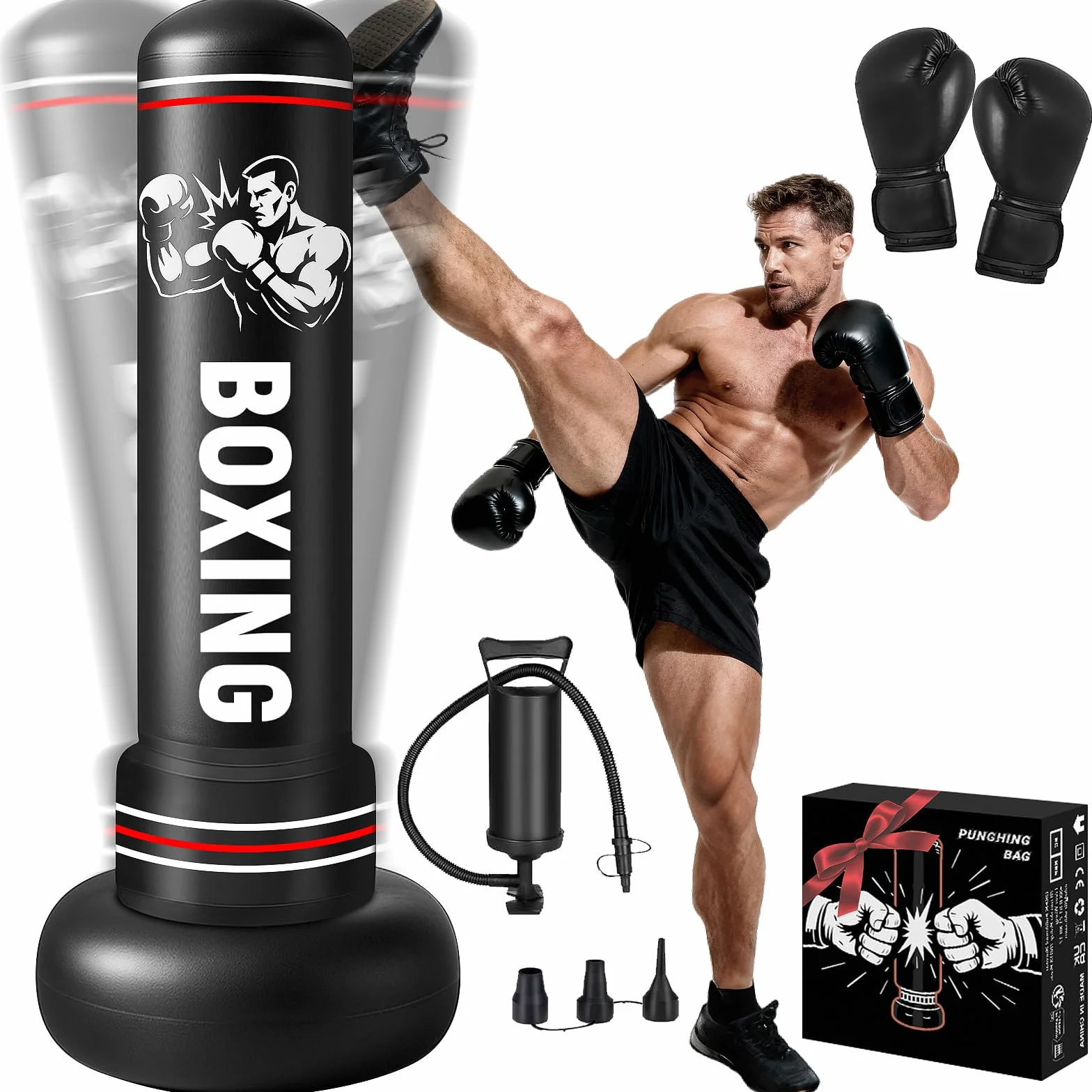 Sac de Frappe Adultes, 190cm Gonflable Punching Ball avec Gants Pompe à Air, Sac de Boxe sur Pied Enfants pour MMA Karaté Fitness Equipement de Boxe Idéal Cadeau Femmes et Hommes