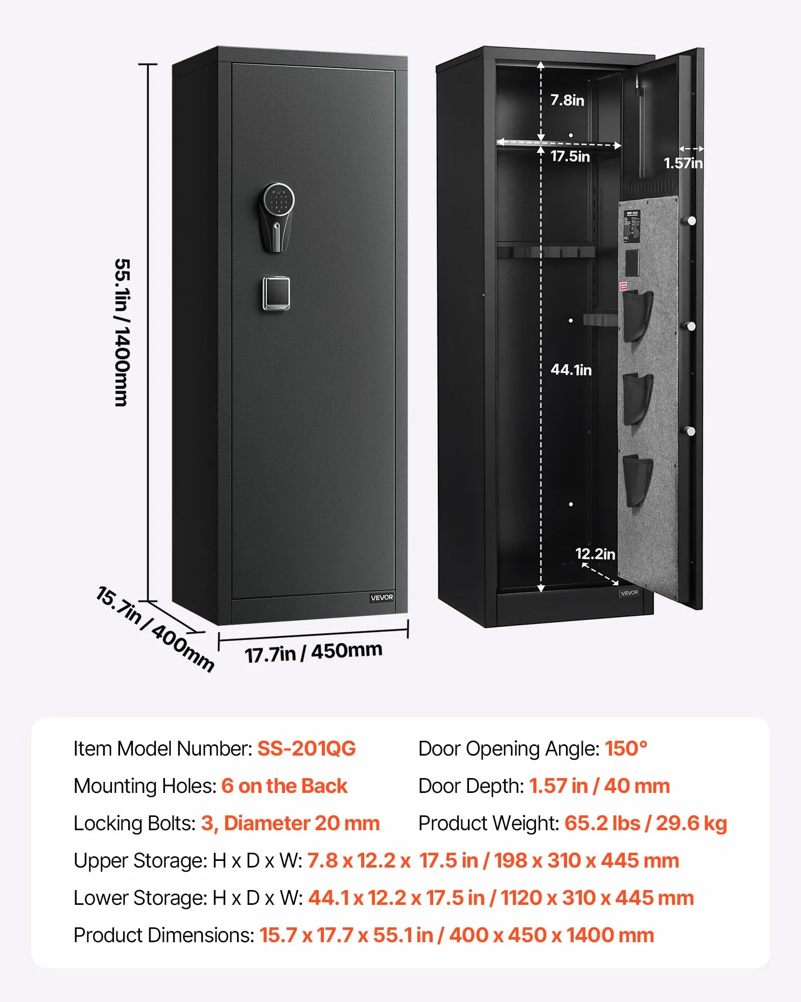 VEVOR Armoire à 8-10 Fusils, Coffre-Fort pour Armes à Feu Verrouillage par Empreinte Digitale et Mot de Passe et Clés, avec 3 Poches pour Pistolets et Supports Réglables, Accès Rapide, pour Domicile