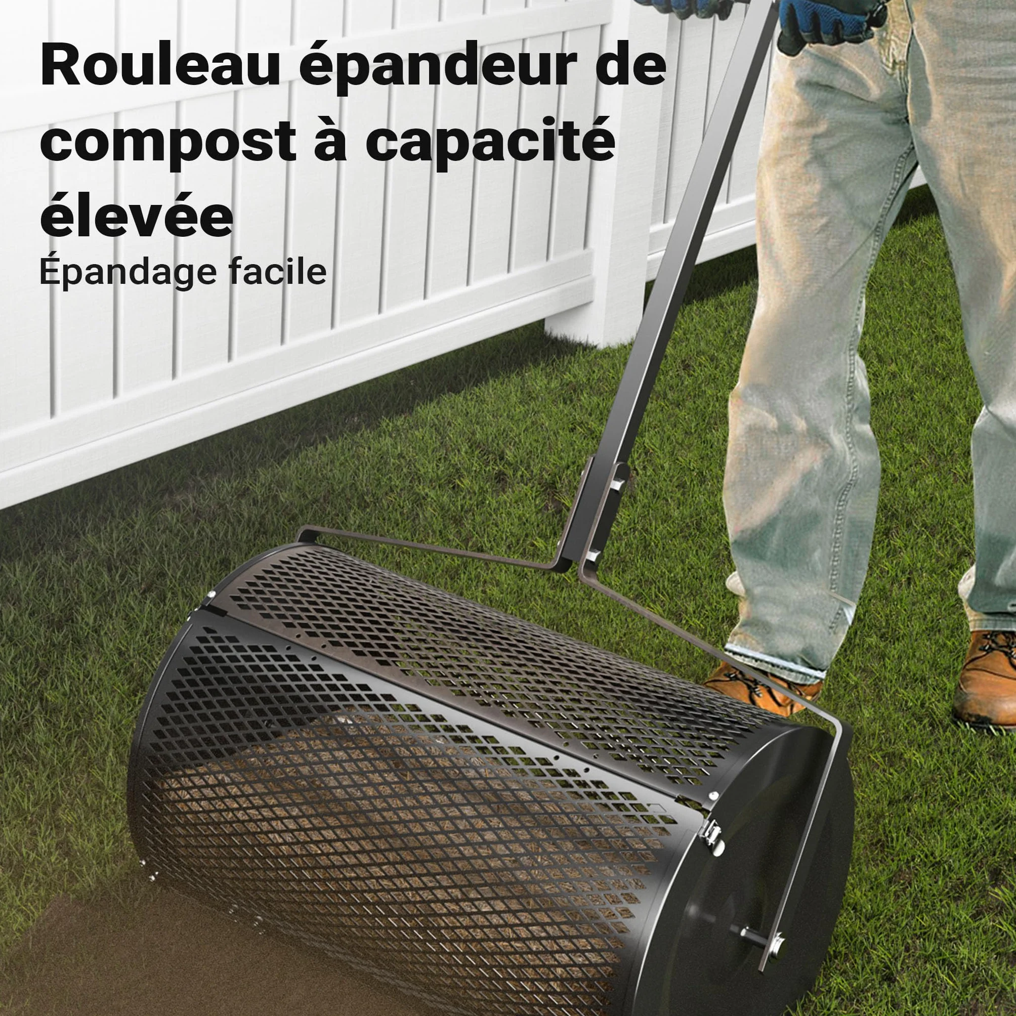 Wiltec Rouleau Épandeur Compost 1100 x 640 x 400 mm Noir Acier Revêtu par poudre 75L Poignée en T Rouleau en treillis