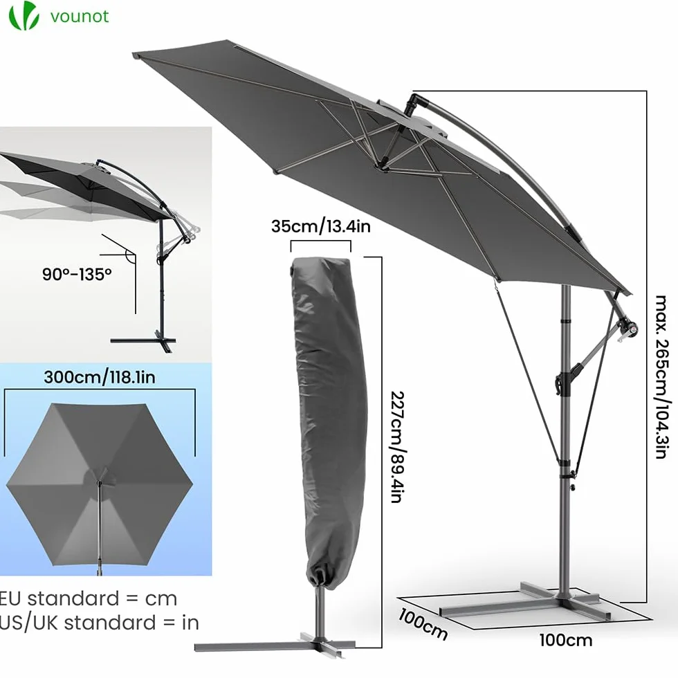 Parasol Déporté Hexagonale 3M Anti-Retour Inclinable Toile 180gr/m2 Anti UV 6 Baleines Acier H235cm Gris Housse Protection