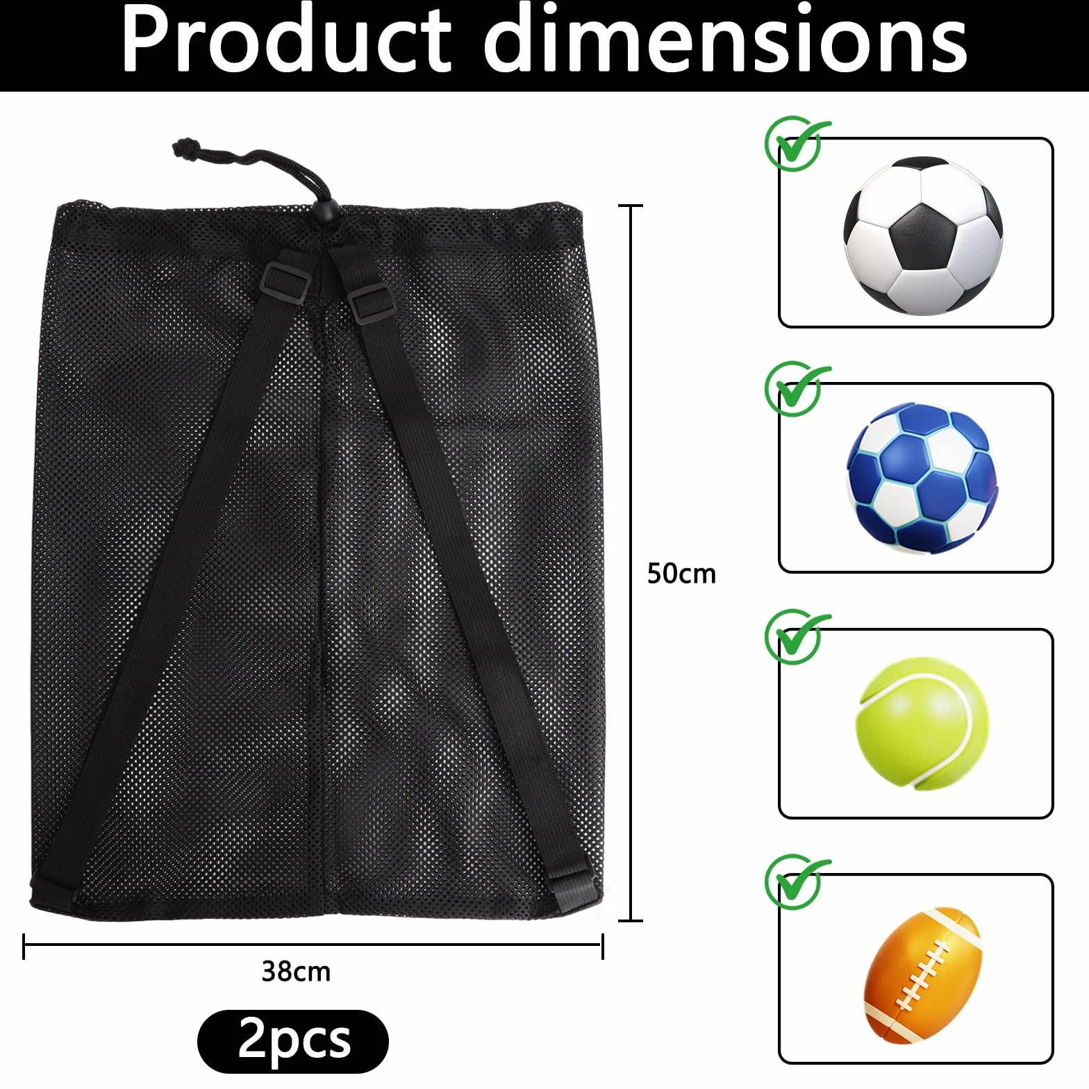 Lot de 2 sacs en maille filet pour ballon de basketball - 48 x 37 cm - Sac de gym avec cordon de serrage - Sac de basketball à suspendre - Sac de plage - Sac à dos en maille - Portable