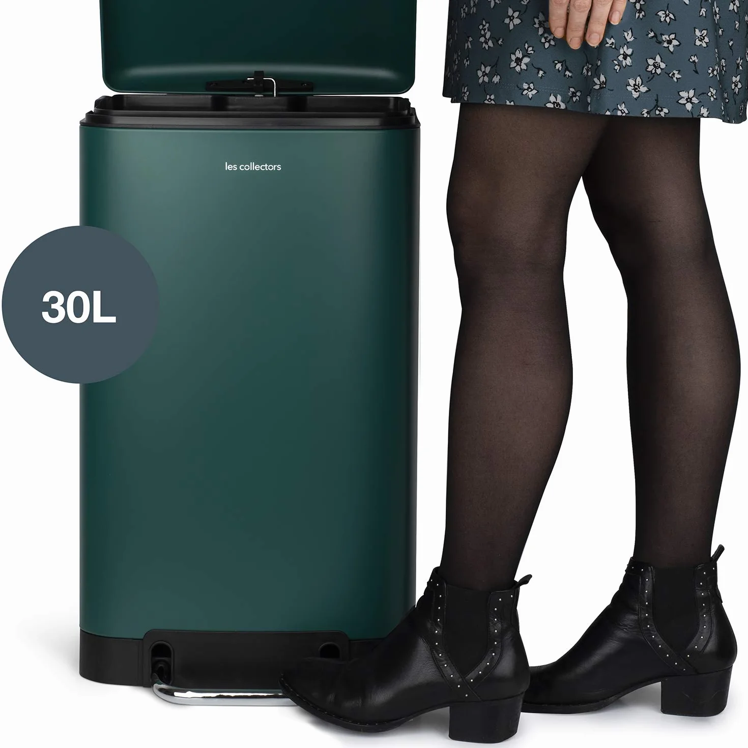 Les Collectors Poubelle de Cuisine à Pédale Acier inoxydable Capacité 30L Sac compatible 30-50L Compacte Fermeture silencieuse Seau intérieur amovible Finition Mat Vert Canard
