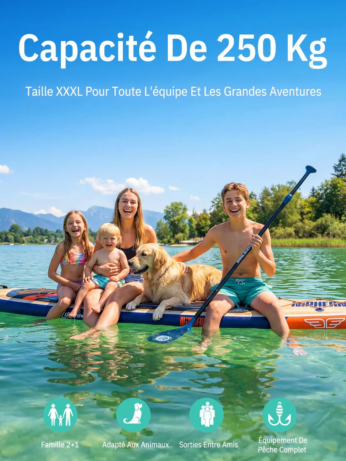 Niphean Extra Large Paddle Gonflable, Sup à 2+1 Personnes/Famille, Planches de Stand Up Paddle Gonflables avec (Idéal Débutant) Aileron Équilibré, Housse Étanche, Paddle Gonflable Adulte, Cadeaux