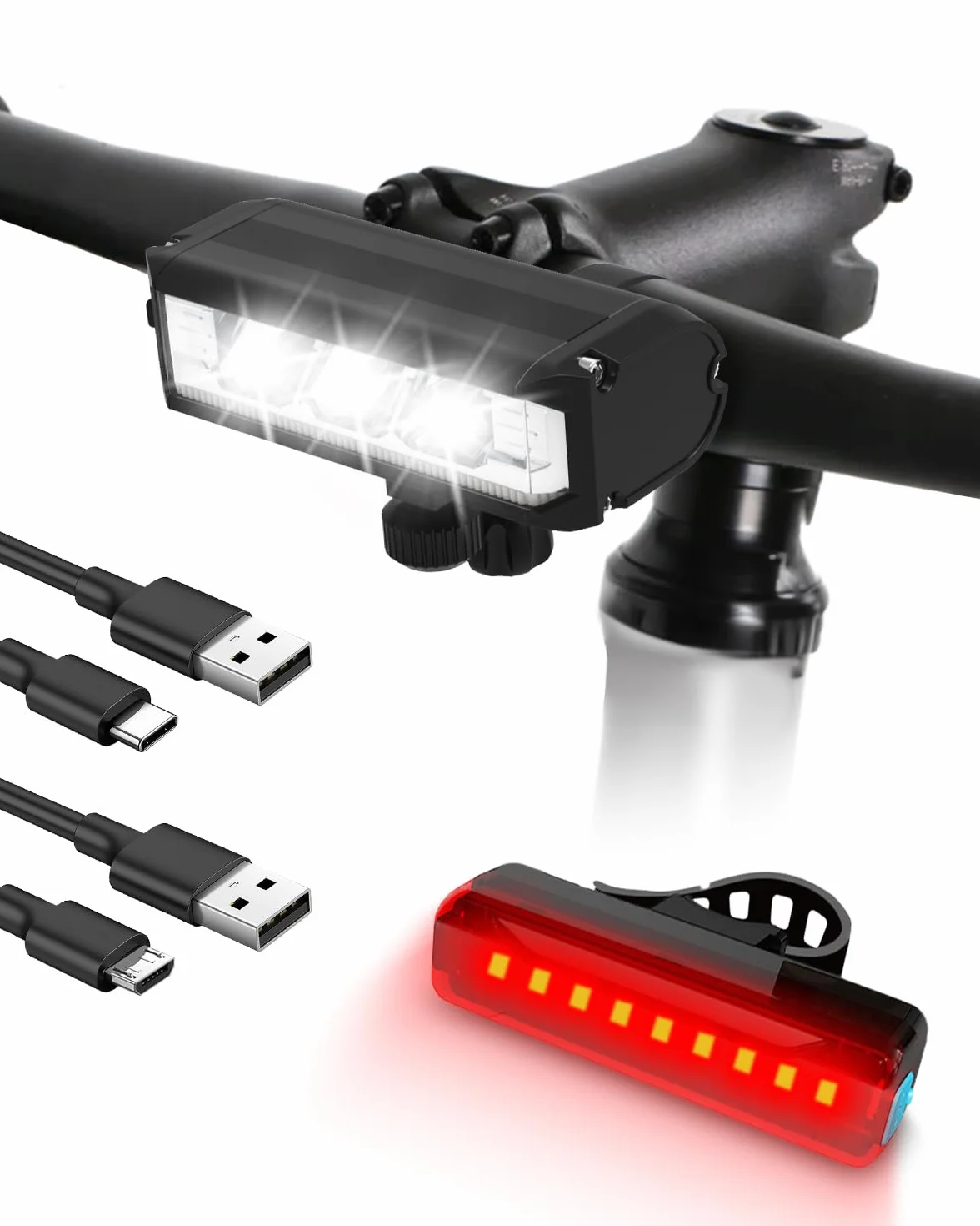 Victoper Lumiere de Vélo,Eclairage Velo Avant et Arrière 6000 Lumens 5 Modes D'éclairage IPX4 Étanche Rechargeable LED Éclairage Vélo Avant et Arrière Compatible avec la Plupart des Vélos