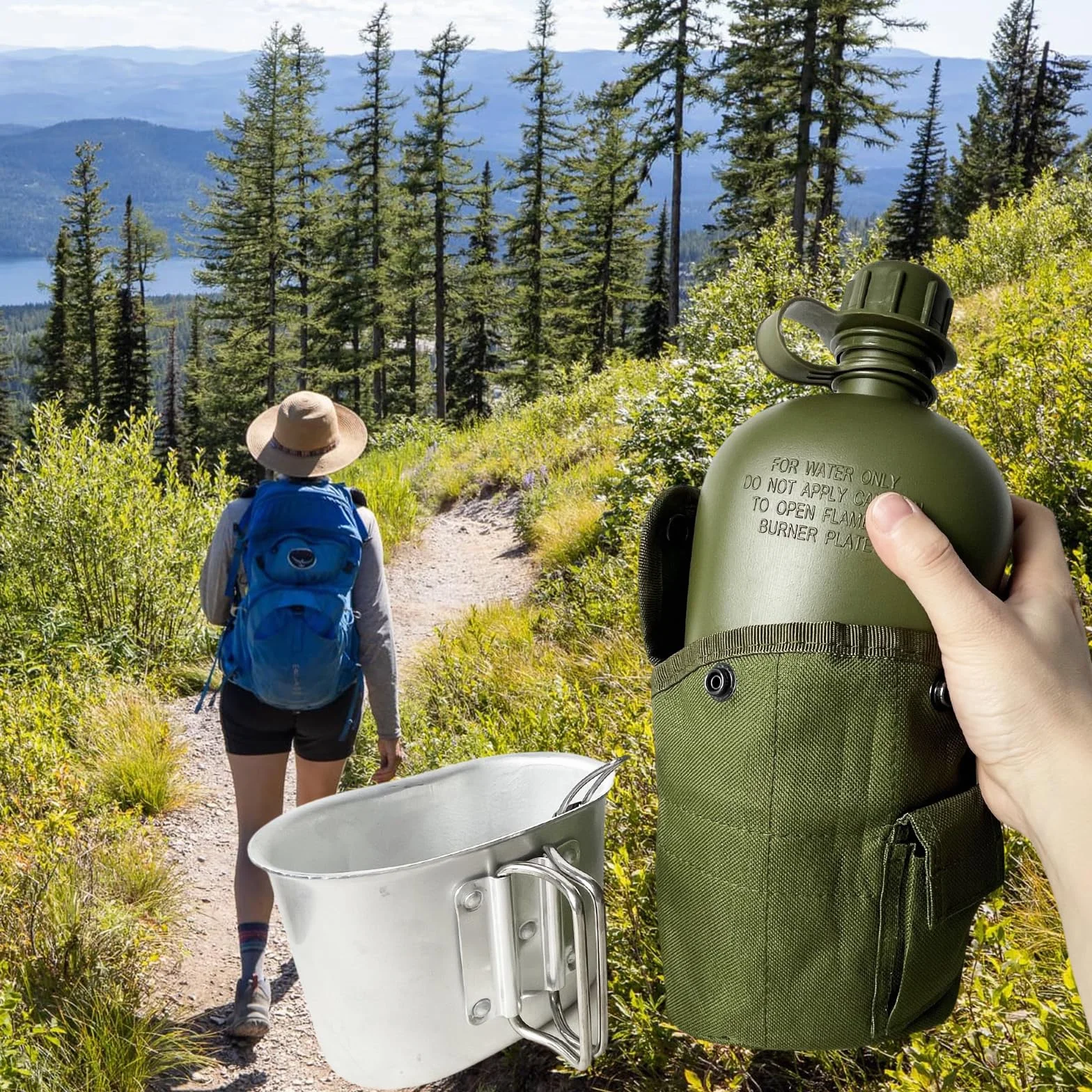 BeGrit Bouteille d'eau militaire avec bouteille d'eau de 1 L pliable en aluminium avec poignée et sac de rangement pour la survie en plein air, la randonnée, la randonnée (vert)