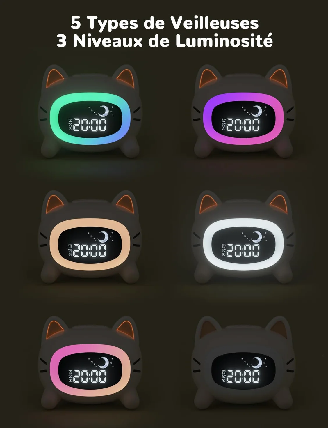 LIORQUE Réveil Enfant Éducatif Jour/Nuit avec Veilleuse, Machine Sonore, Deux Alarmes, Mode Week-End, Rechargeable Chat