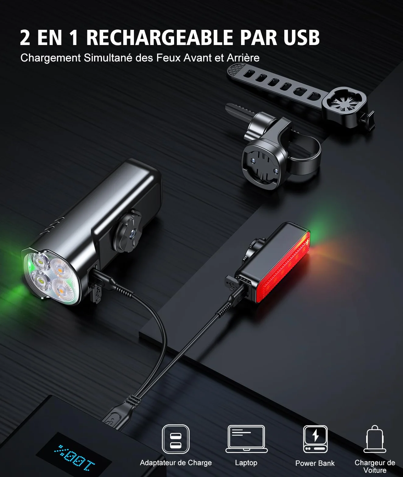 Babacom Lumiere Velo Avant et Arriere [Spot & Faisceau d'Inondation], [8+6 Modes d'Éclairage] Lampe Vélo LED Puissante Étanche, USB Rechargeable, Eclairage Vélo pour Cyclysme VTT, Alliage d'Aluminium