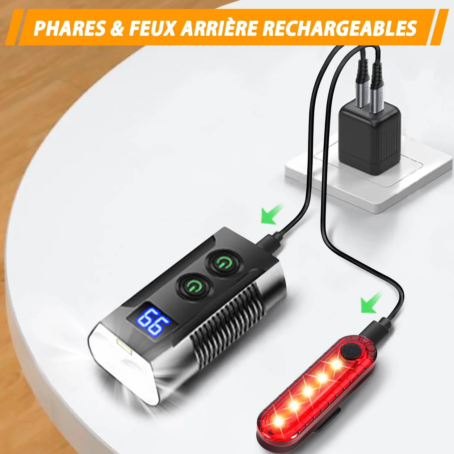 REHKITTZ Lumiere Velo 3300 Lumen Super Lumineux, 5000 mAh Autonomie Très Longue Rechargeable Lampe Velo avec Feu Antibrouillard et Indicateur de Puissance, Lumière Vélo Avant et Arrière