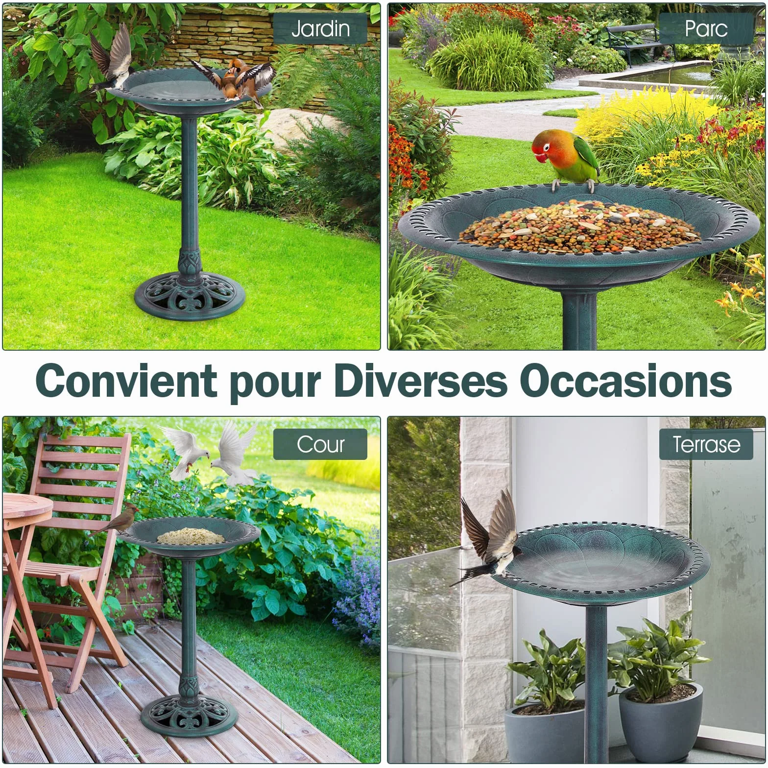COSTWAY Abreuvoir Oiseaux Extérieur Plateau Dia.50 cm, Mangeoire Oiseaux Hauteur 72CM, Bain d'oiseaux sur Pied, Design Antique (Bronze Vert)
