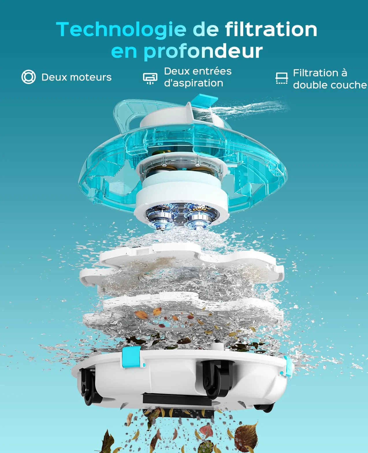 Winny 200 Robot Piscine Aspirateur sans Fil Batterie 75 Min Piscines Hors-Sol 60m² Double Filtration