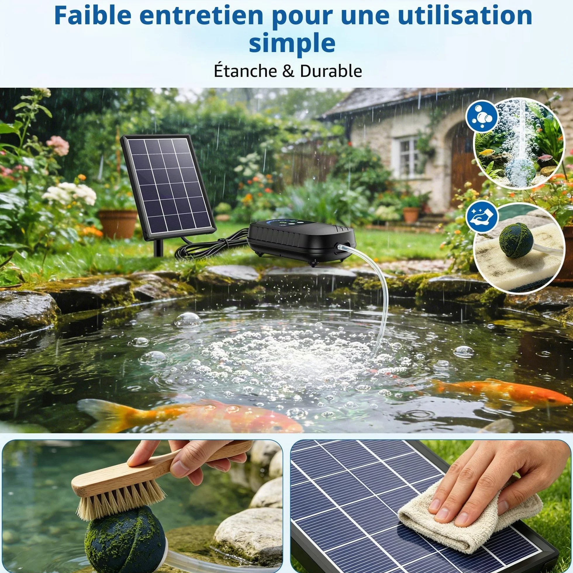 Biling Aérateur de Bassin Solaire 4 W avec Batterie 2200 mAh - Pompe à Oxygène Silencieuse IPX5 pour Bassin de Jardin