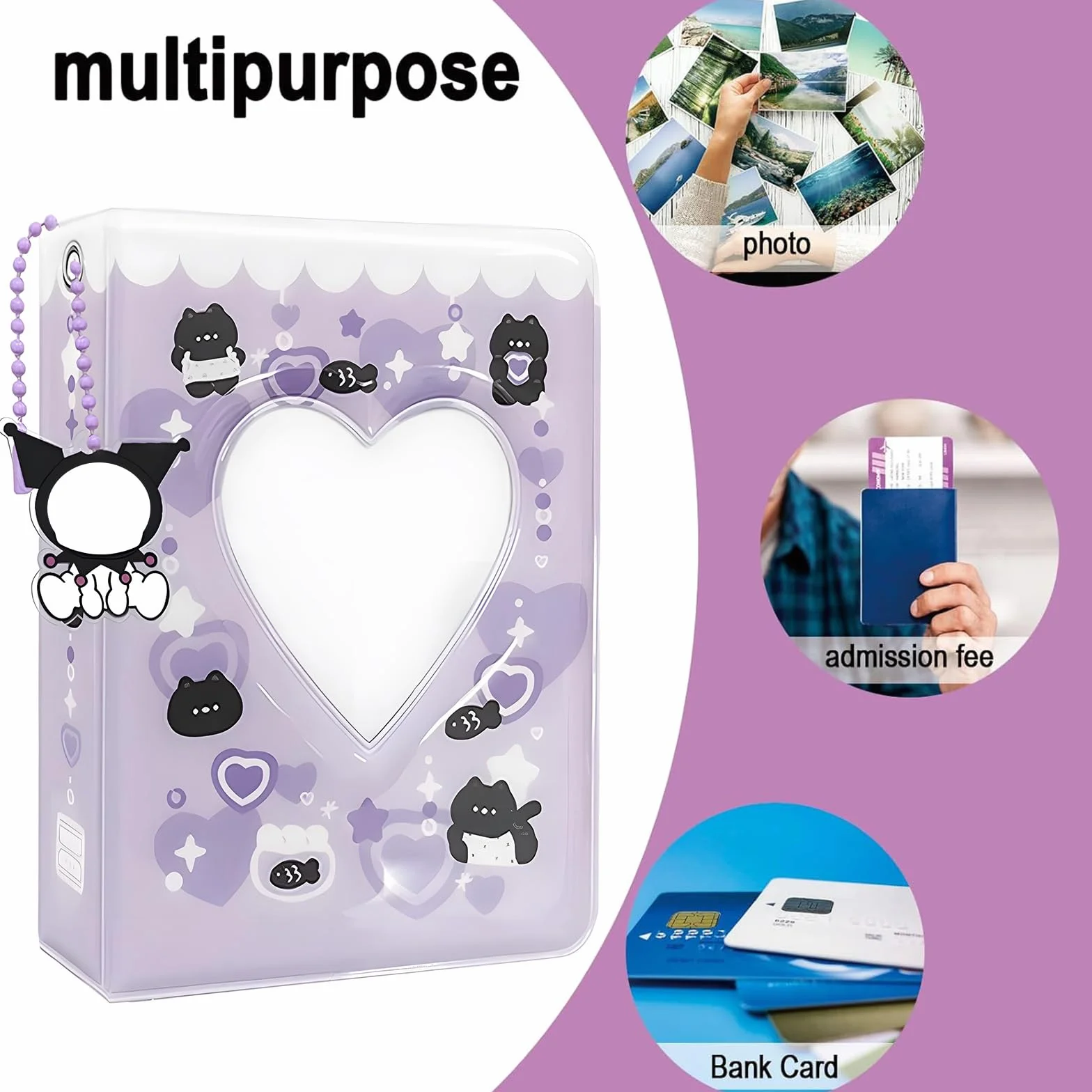 Pouces Photocard Holder Mignon Chat Livre avec Pendentif Classeur Photocard Kpop Mini Album Photos Binder pour Stocker Photos D'idoles Cartes Violet