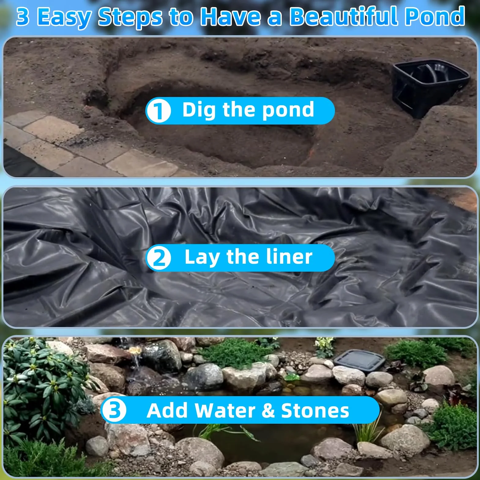 Bâche pour bassin HDPE 6x6m 0,5mm étanche résistante UV intempéries déchirures jardin poissons fontaine cascade