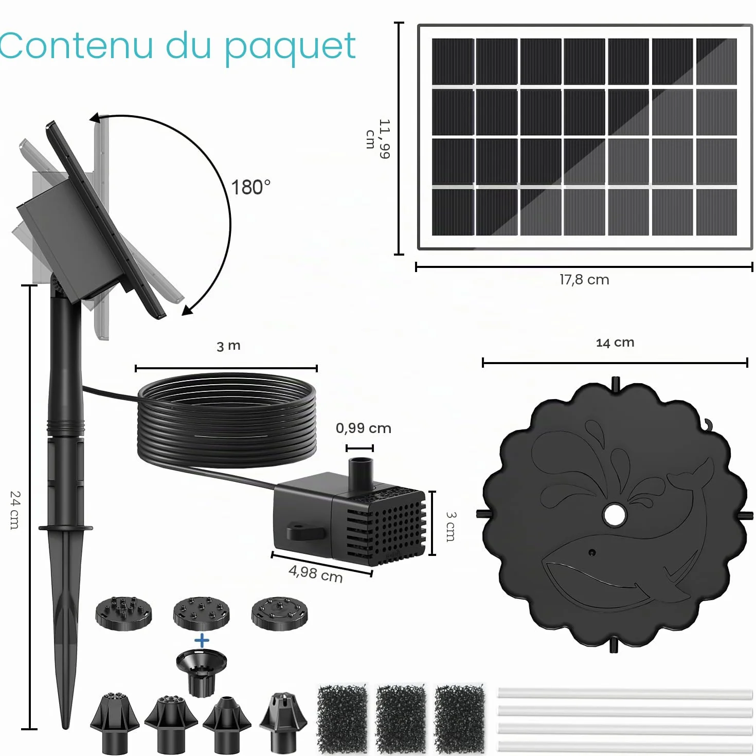 Fontaine Solaire 3.5W avec Pompe Bassin Extérieur, Câble 3M & 8 Buses