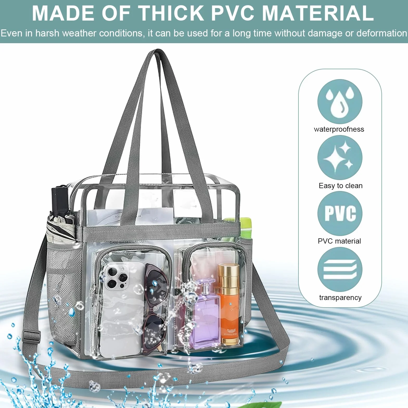 Sac Transparent PVC Sac à Main Transparent Sacs Fourre Tout Transparente Sacs Transparente Approuvé par Le Stade pour Les Sports, Sportifs (30x30x15cm)