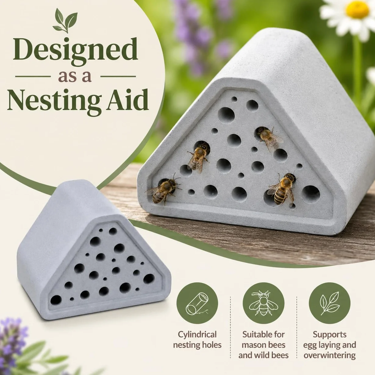 Hôtel à abeilles résistant aux intempéries en béton pour jardin, abeilles sauvages compact, aide nidification abeilles maçonnières