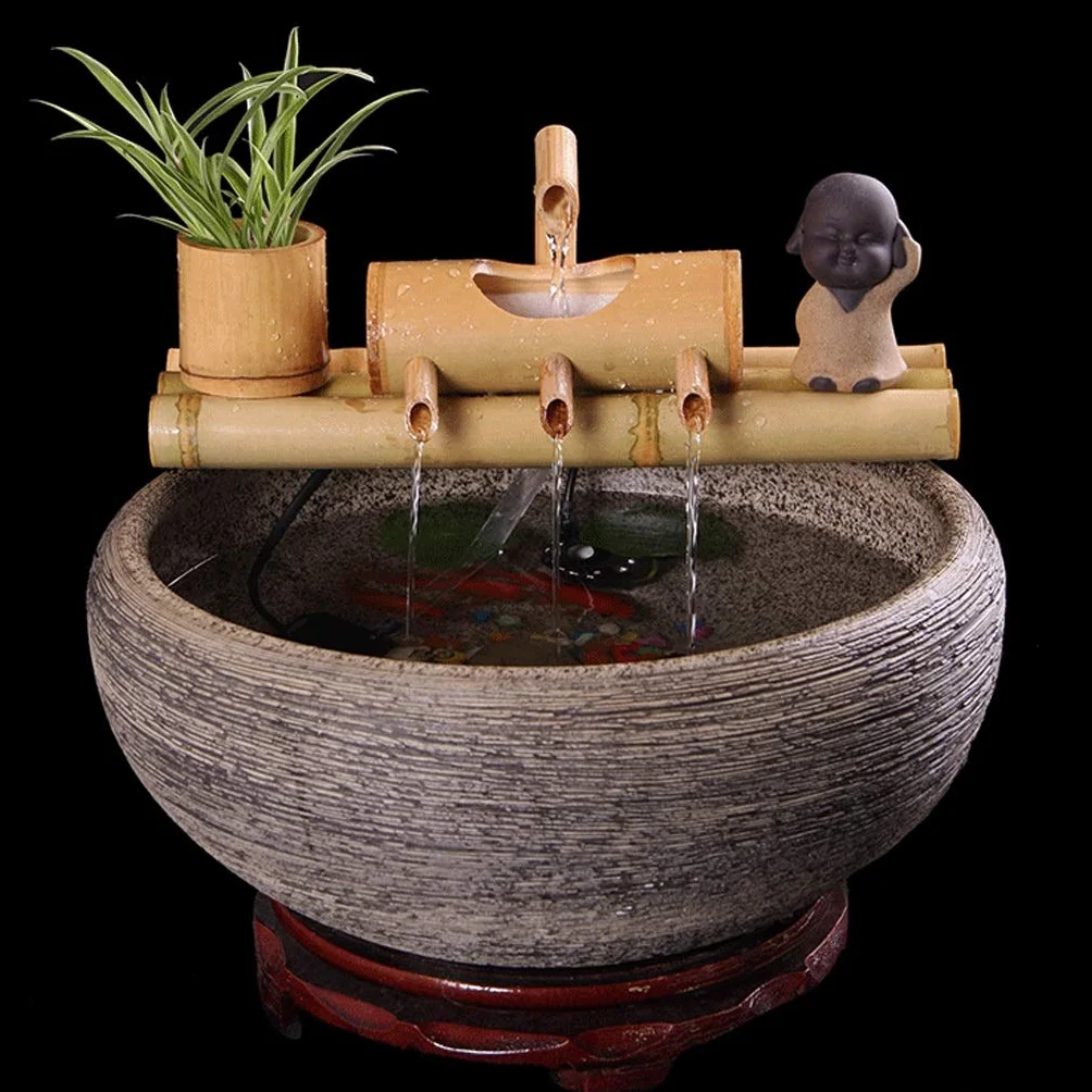 Fontaine d'eau Bambou Zen avec Pompe 7,8 Pouces Base Ronde, Intérieur Extérieur