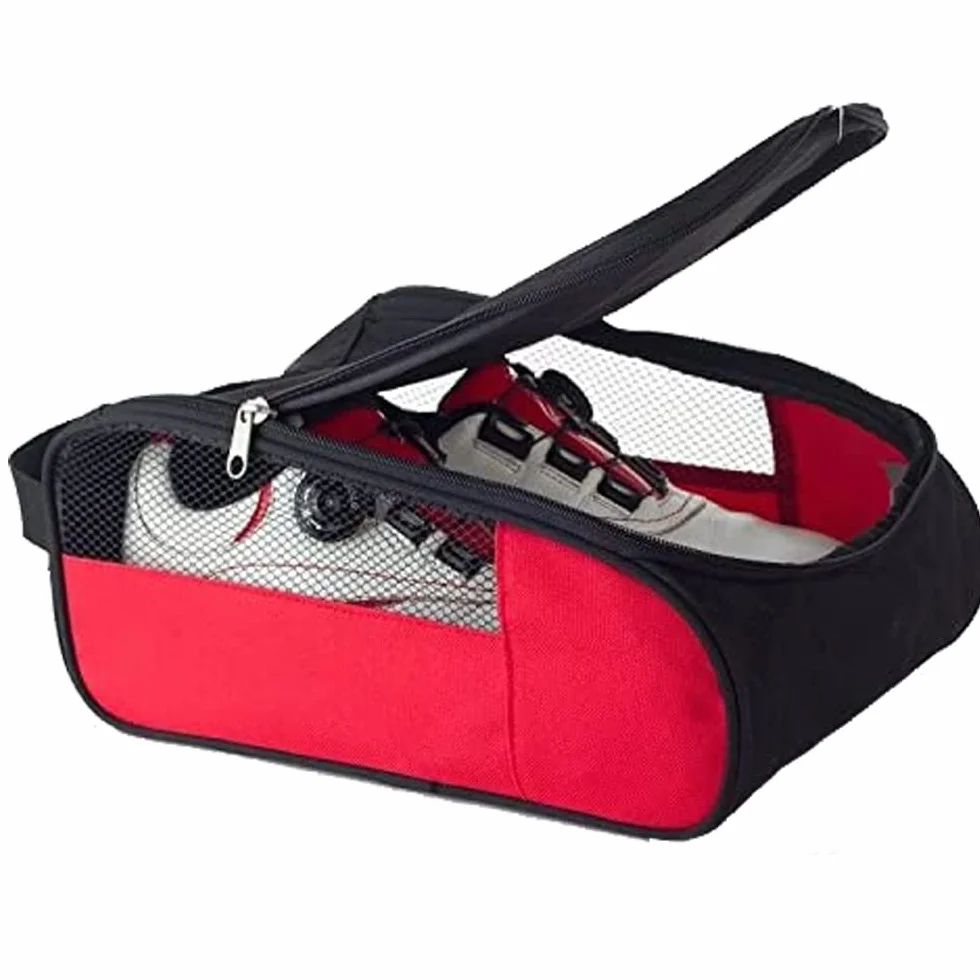 Sac à Chaussures de Golf Homme Femme, Sac de Transport à Fermeture éclair avec Ventilation, Voyage Rouge et Noir