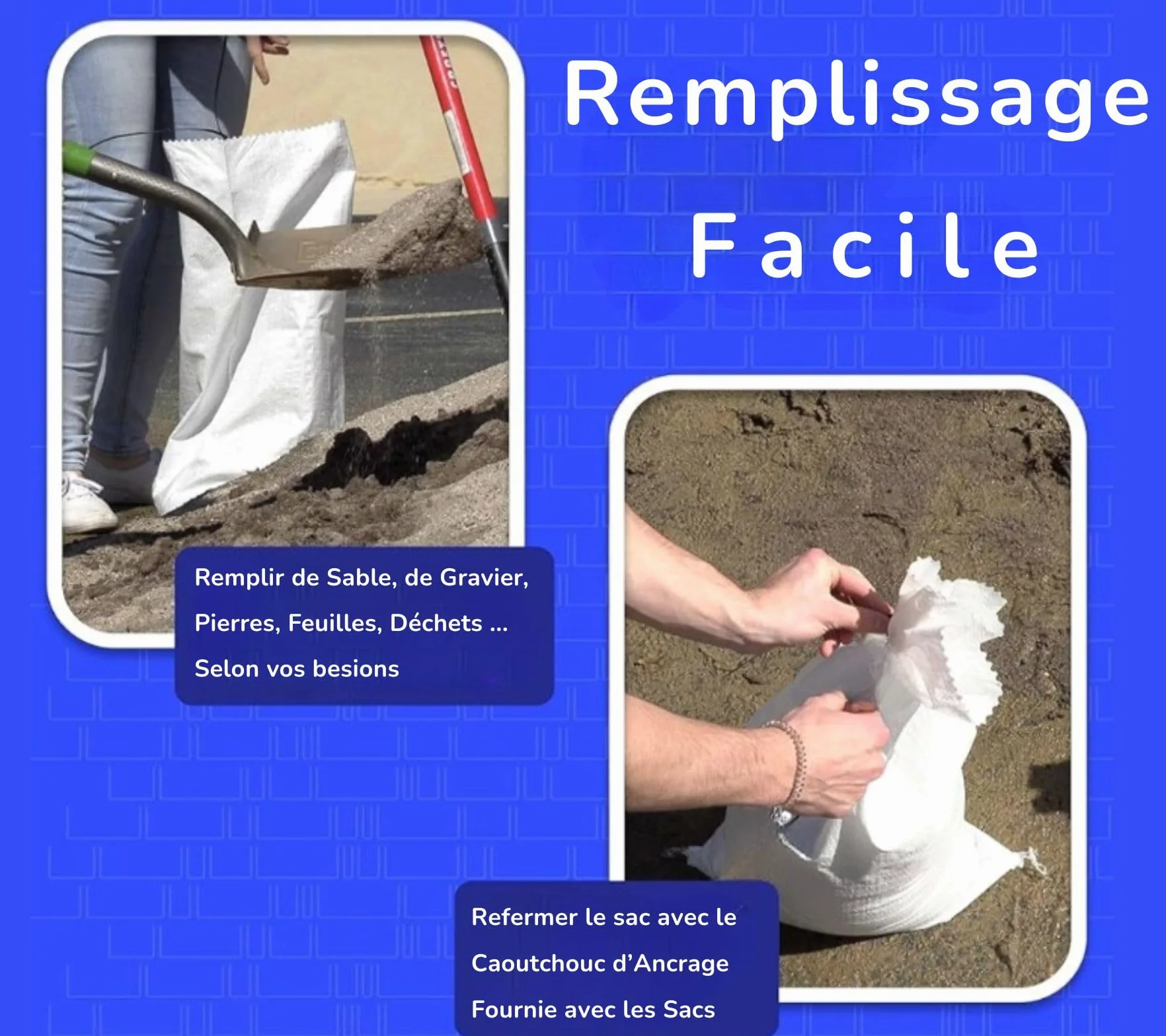 Sacs de Gravats 64L 95x55 cm Polypropylène Tissé Blanc 20 Attaches Caoutchouc Gants Résiste 55 kg Réutilisables