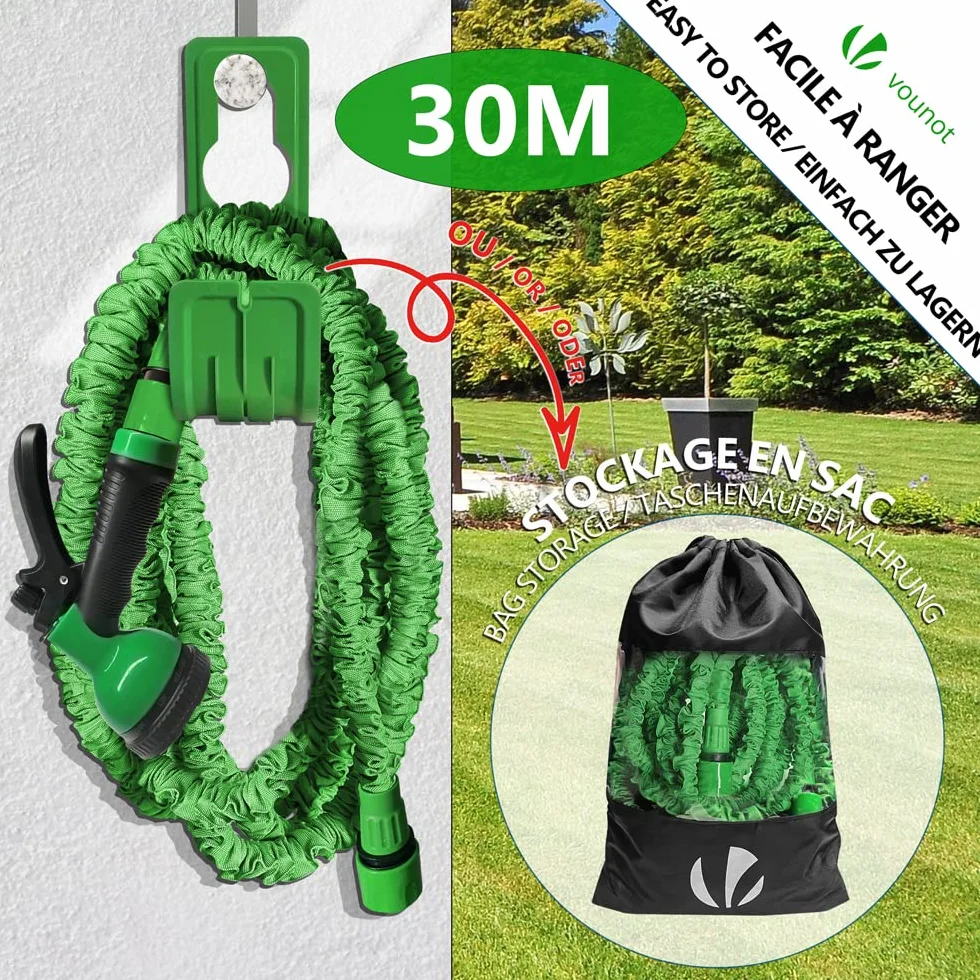 VOUNOT® Tuyau d'Arrosage Extensible 30m 1/2" 3/4" 10 Modes de Pulvérisation Anti-Fuite Raccord Sac de Rangement Vert