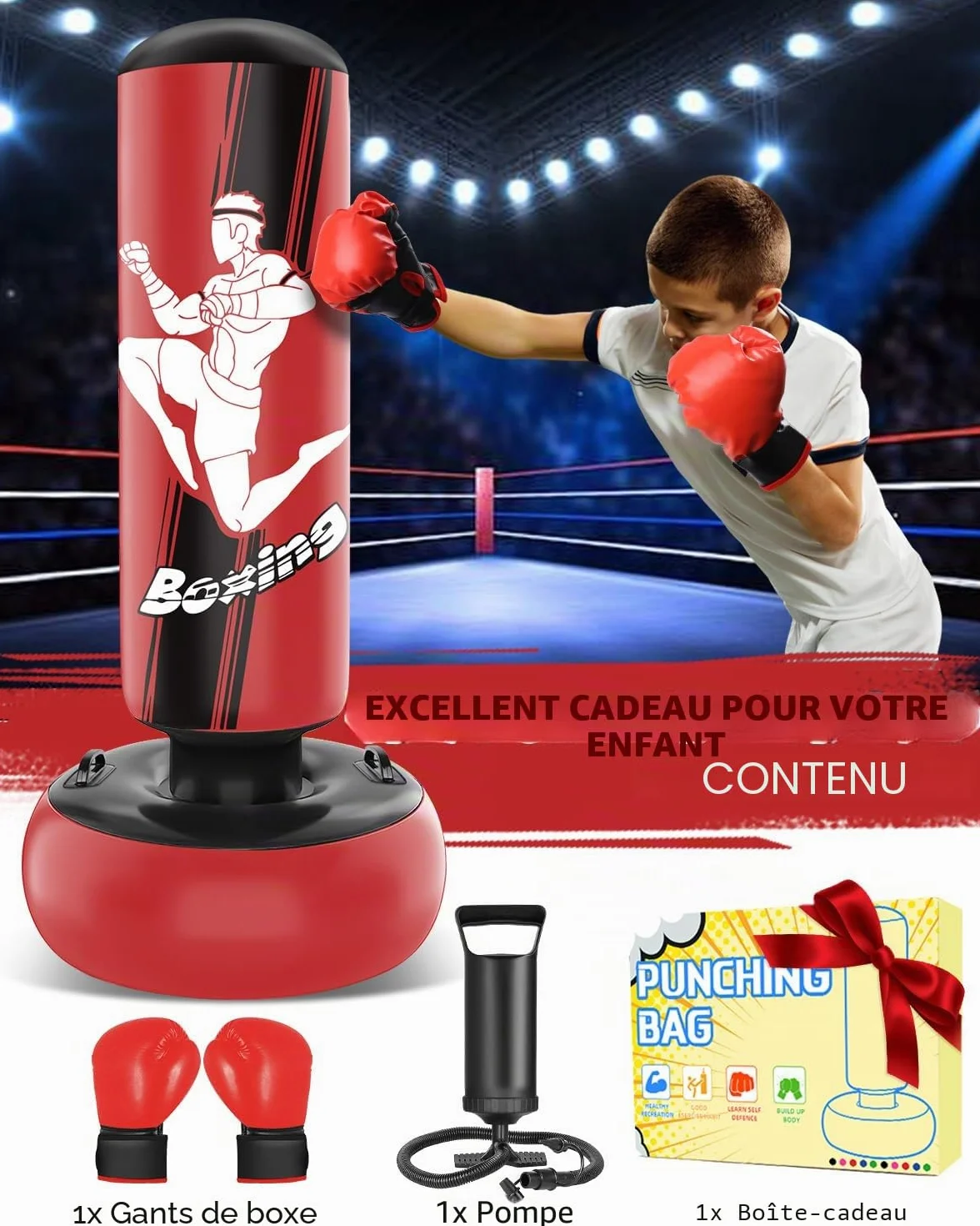 Sac de Frappe 165cm Gonflable pour Enfants avec Gants de Sac de Boxe Enfants pour la Pratique du MMA, du Karaté, du Taekwondo et pour soulager l'énergie de la Pentecôte