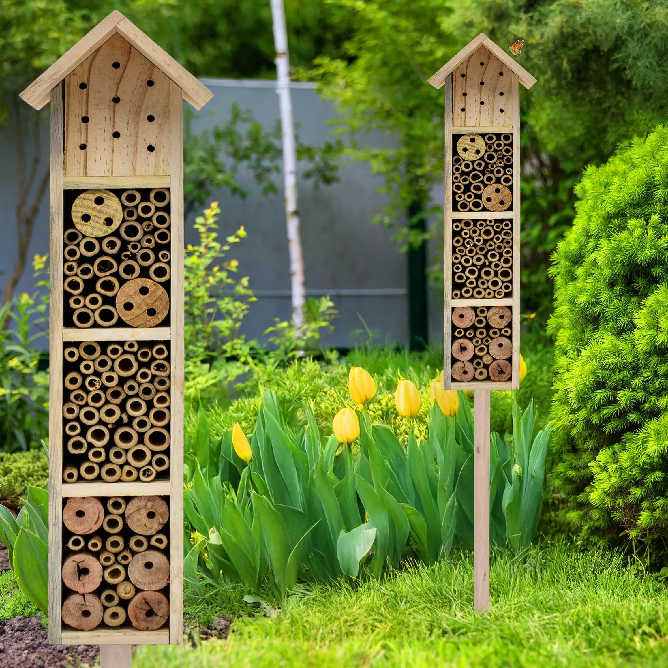 Hôtel à insectes en bois avec piquet de terre H 78 cm - Maison à abeilles et bourdons