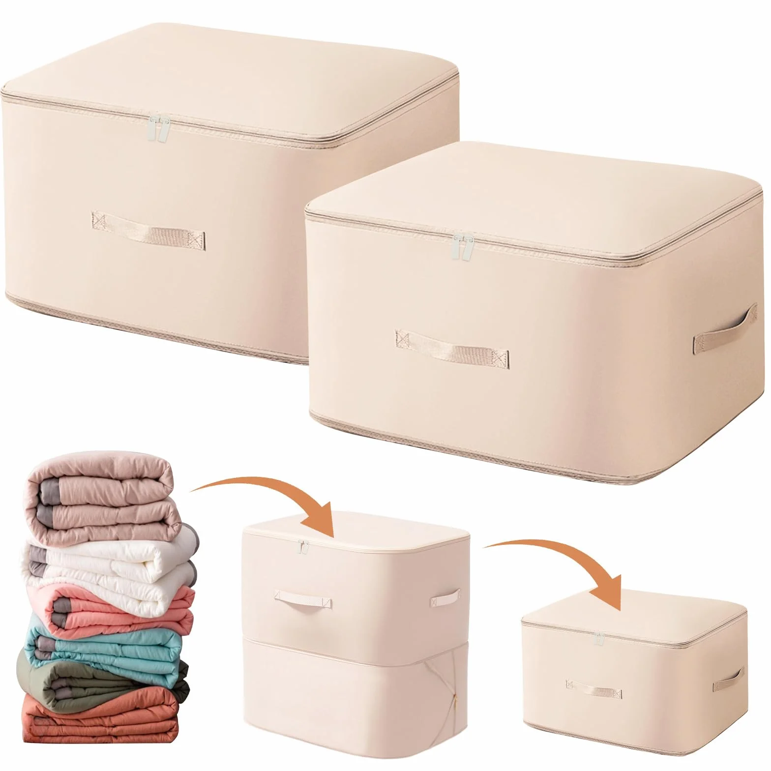 Lot de 2 Organisateur Auto-compression Ultra Peu Encombrants, Sacs de Rangement pour Couettes, Sac de Compression Voyage Empilable, Grand Sac de Rangement Mobiles pour Couvertures(Beige,52x42x60CM)