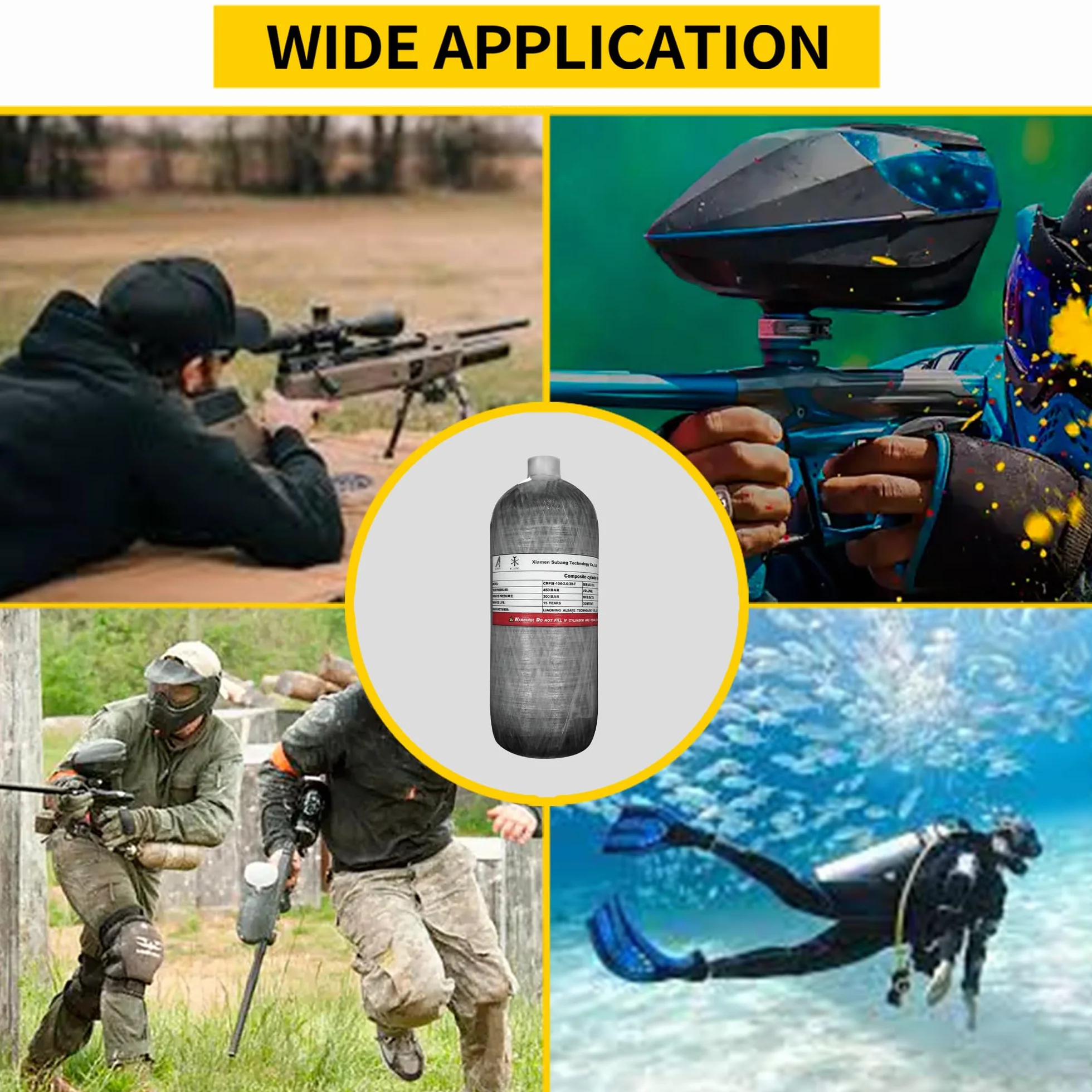 TUXING 2L/122ci 4500psi Réservoir d'air en fibre de carbone (bouteille vide) Station de remplissage Paintball avec deux manomètres jusqu'à 24 Pouces de Tuyau haute pression M18*1.5