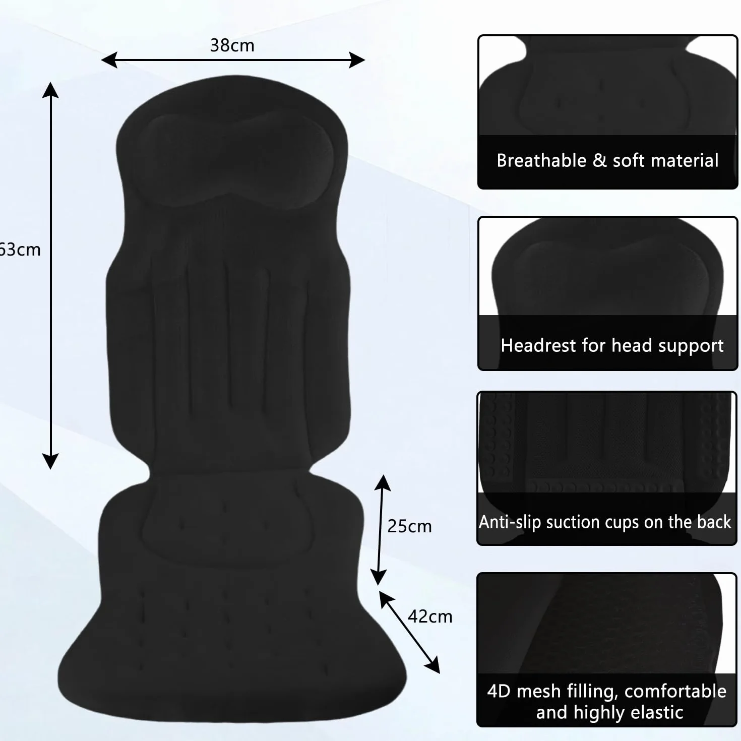 Coussin de bain complet pour baignoire épais avec appuie-tête ventouses crochets suspension Noir