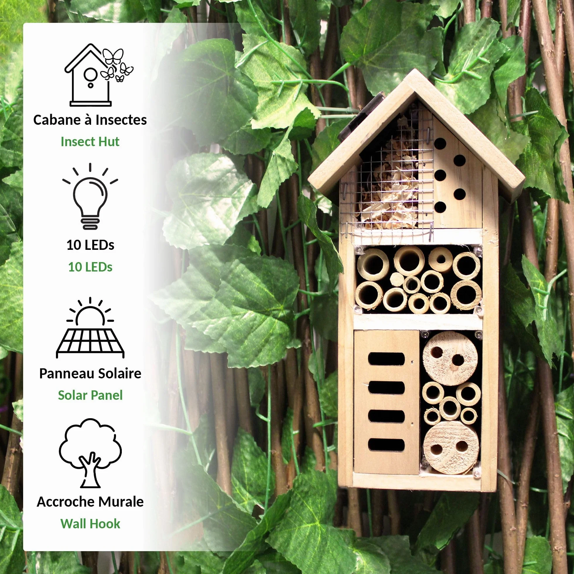 FISHTEC Hôtel à Insecte Maison Solaire en Bois 10 LED Panneau de Pin Massif Refuge Toutes Saisons