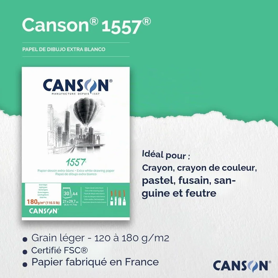 CANSON 1557 Bloc Papier Croquis A4 120g/m² 50 Feuilles