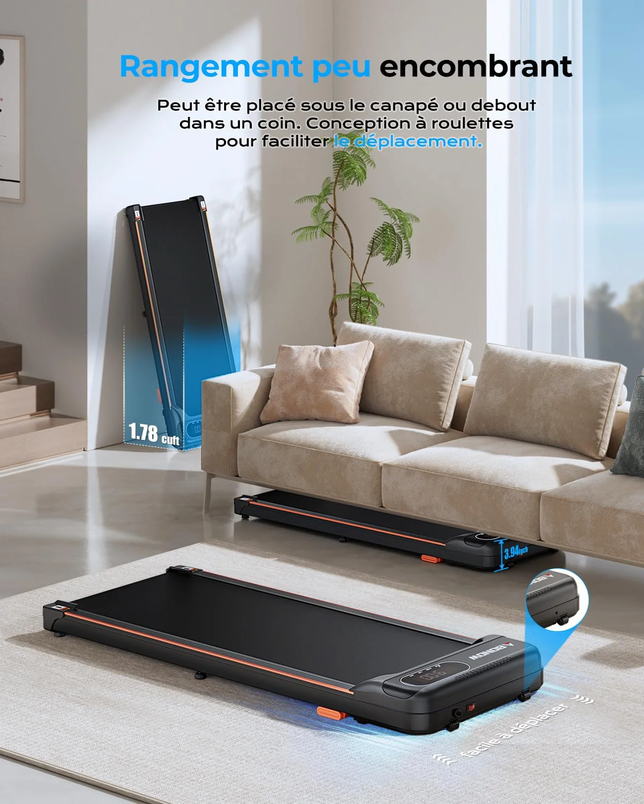 Tapis de Marche avec Inclinaison, 1-6 km/h, 8%, Tapis Roulant Portable à Placer sous Un Bureau, Appareil de Fitness pour la Maison ou Le Bureau, Machine de Marche silencieuse