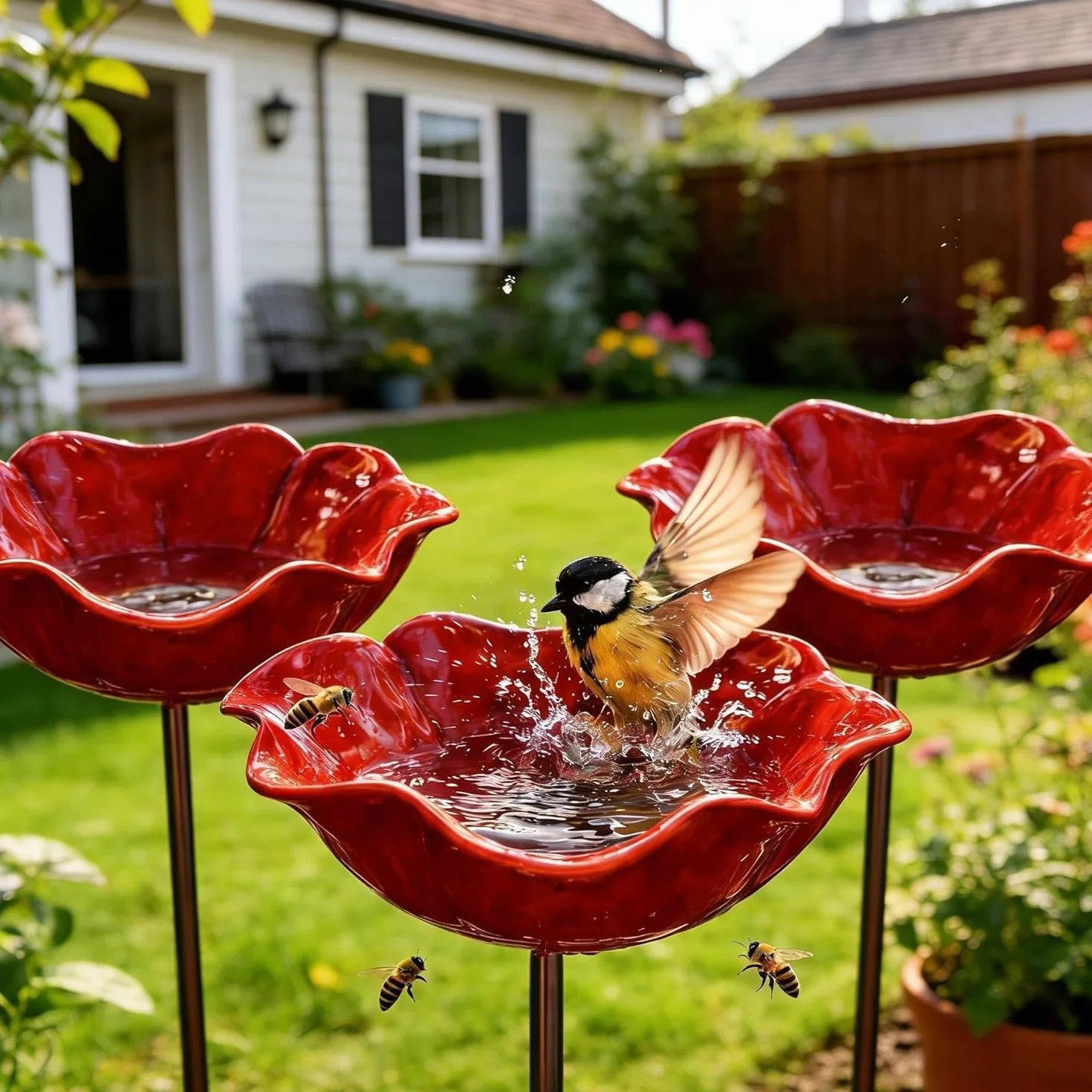 Abreuvoir Mangeoire Oiseaux Exterieur, Bain Oiseaux Extérieur Hauteur 60CM Rouge
