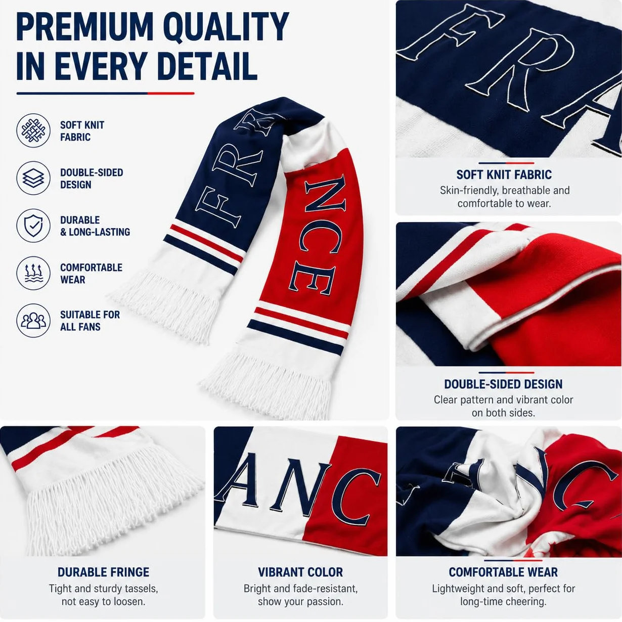 Lot De 1 Écharpe Fan France – Écharpe Tricolore Avec Logo France, Longue Écharpe Tressée Pour Hommes & Femmes, Parfaite Pour Matchs De Foot, Fan Party & Stade