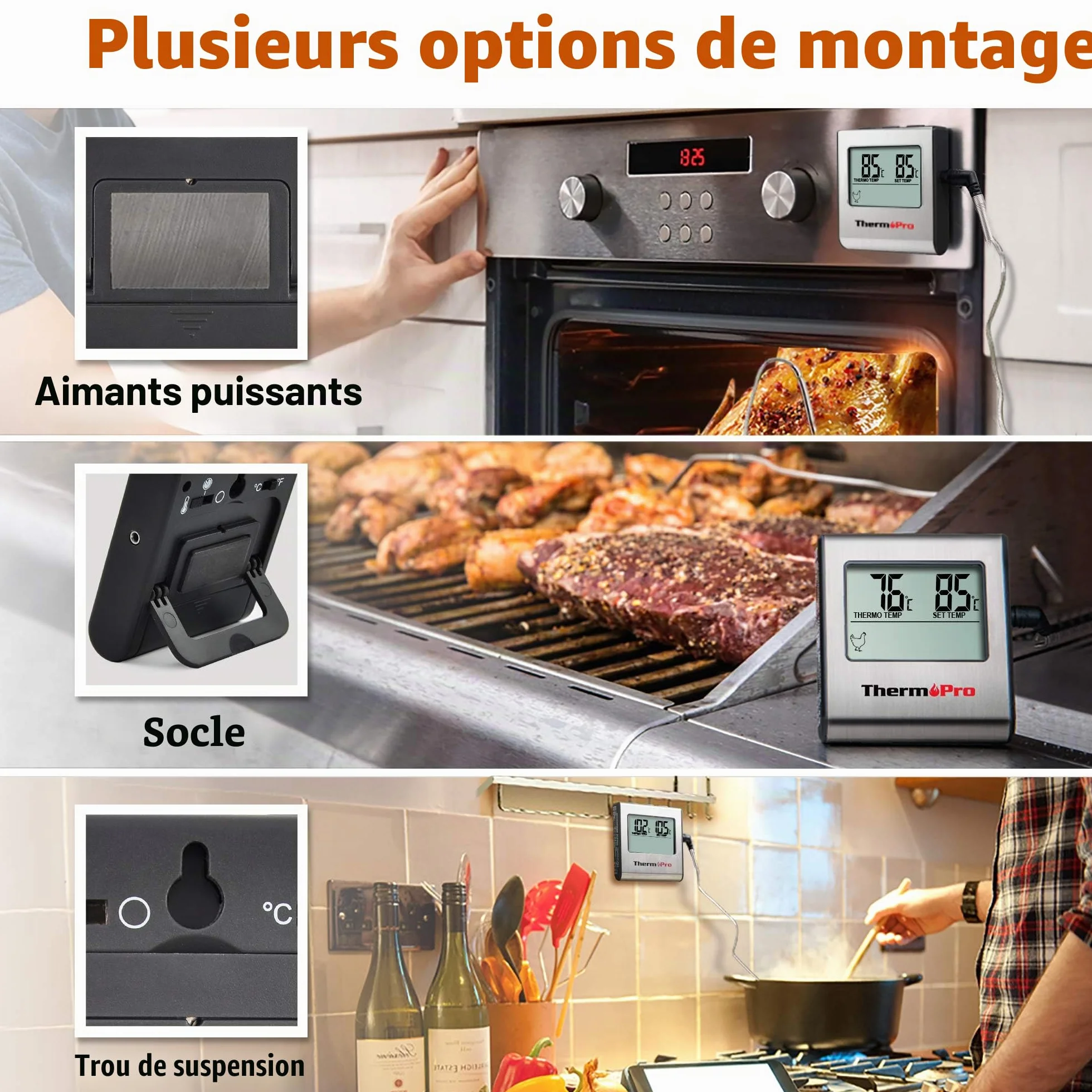 ThermoPro TP16 Thermomètre Cuisine Numérique avec Sonde de Température Acier Inoxydable