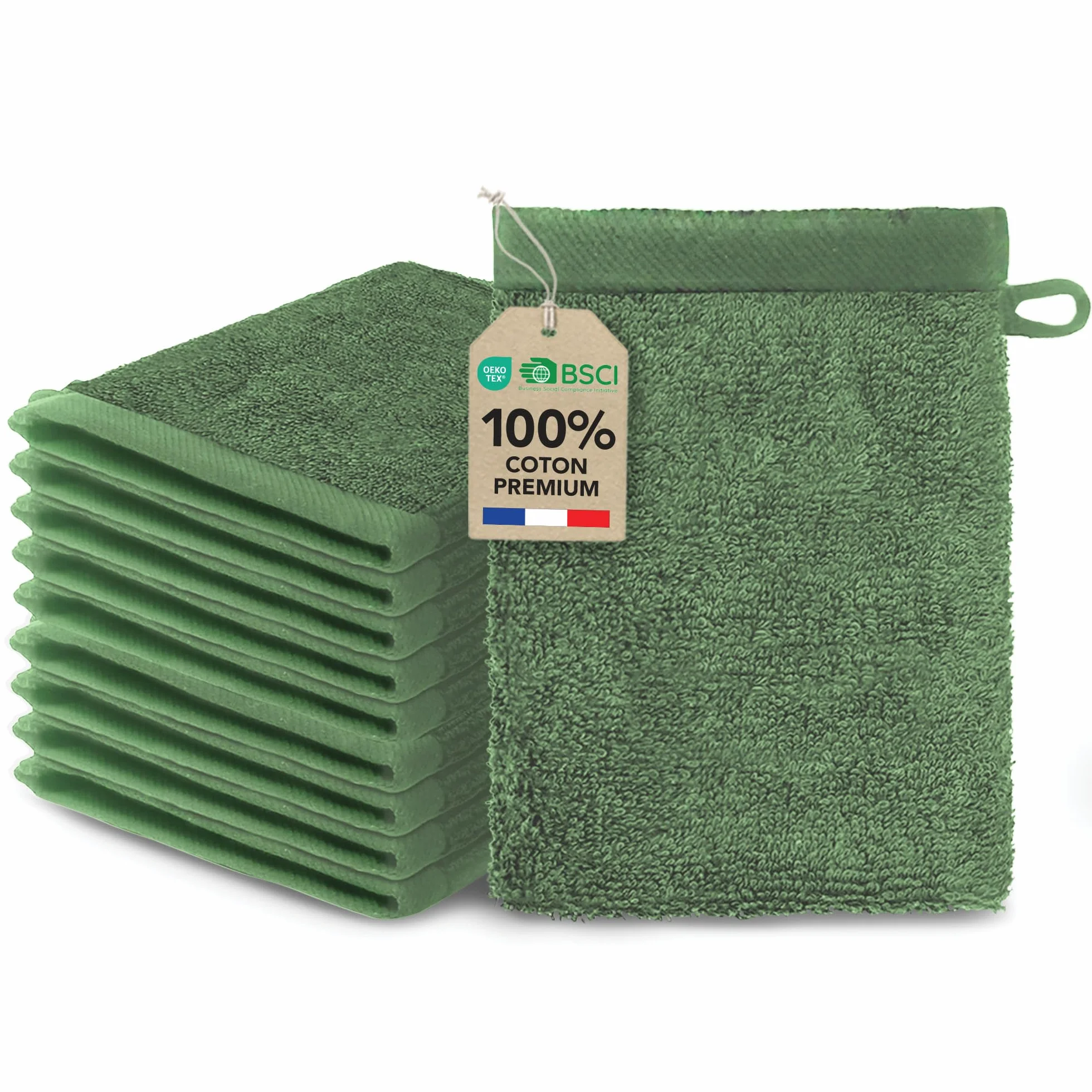 Gants de Toilette 15x20 cm Vert Sapin Coton 500 g/m² Oeko TEX Lot de 10