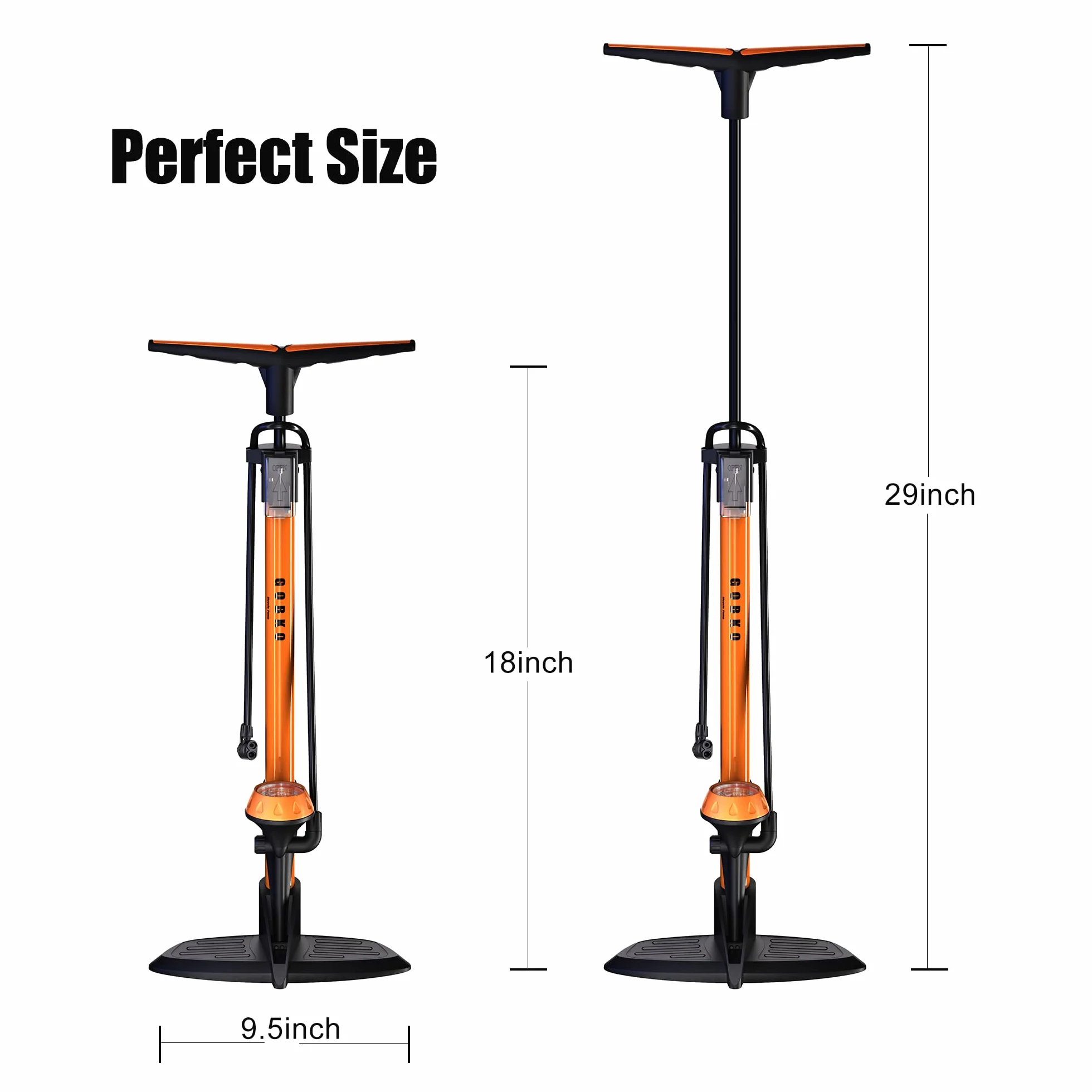 Pompe à Pied pour vélo GOBKO, Pompe à air au Sol, Pompe à vélo avec Grand manomètre pour Affichage de la Pression, Double tête adaptée à Toutes Les vannes