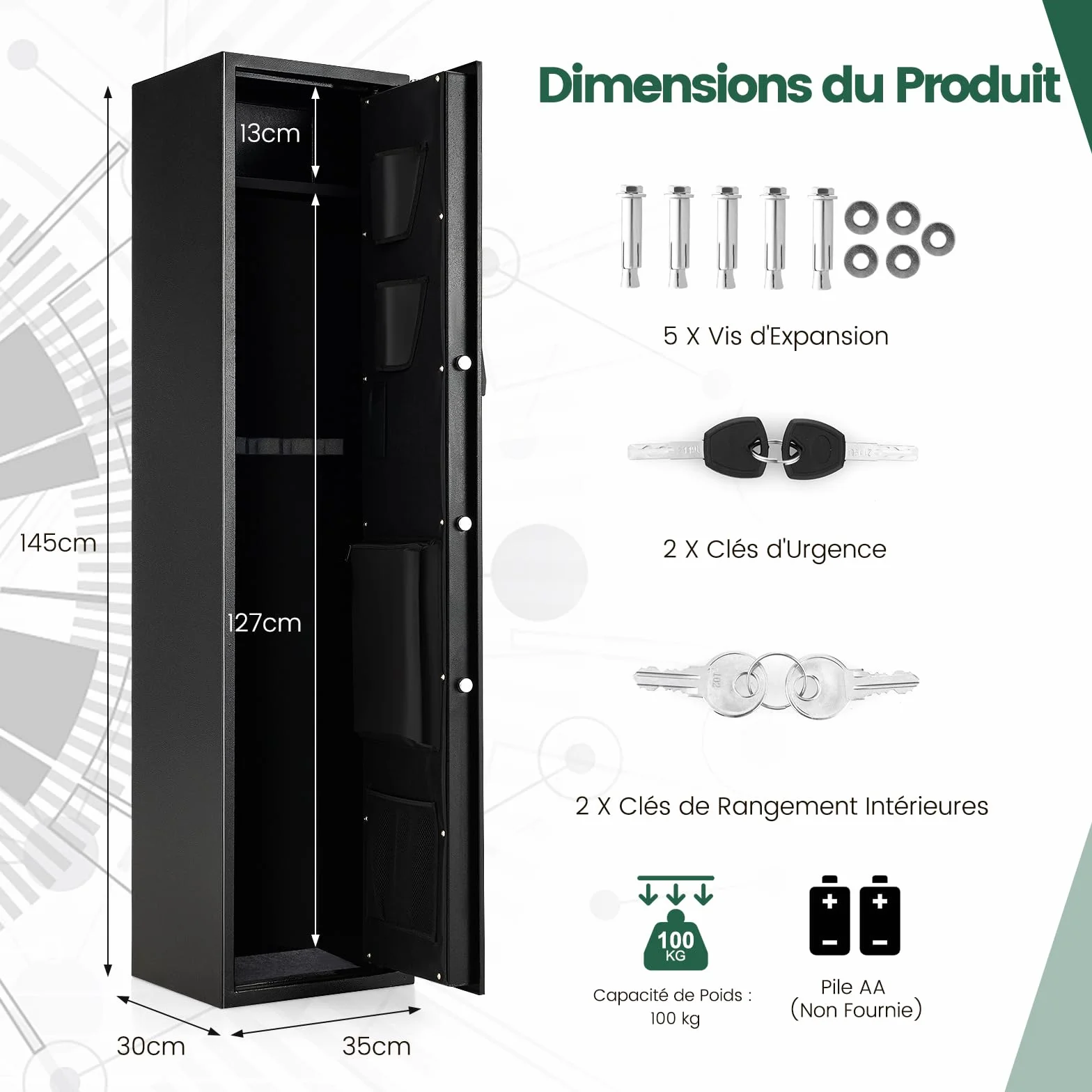 COSTWAY Armoire à 5 Fusils avec Clavier Numérique, Coffre-fort Biométrique avec Pochettes à Pistolet, Boîte Verrouillable Mode Silencieux, pour Fusils et Carabines à la Maison