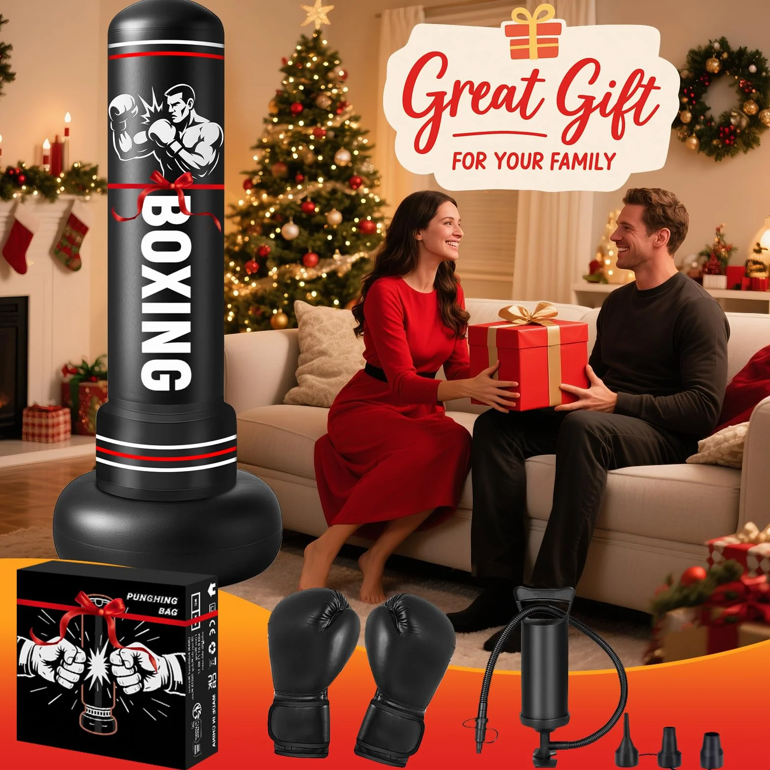 Sac de Frappe Adultes, 190cm Gonflable Punching Ball avec Gants Pompe à Air, Sac de Boxe sur Pied Enfants pour MMA Karaté Fitness Equipement de Boxe Idéal Cadeau Femmes et Hommes