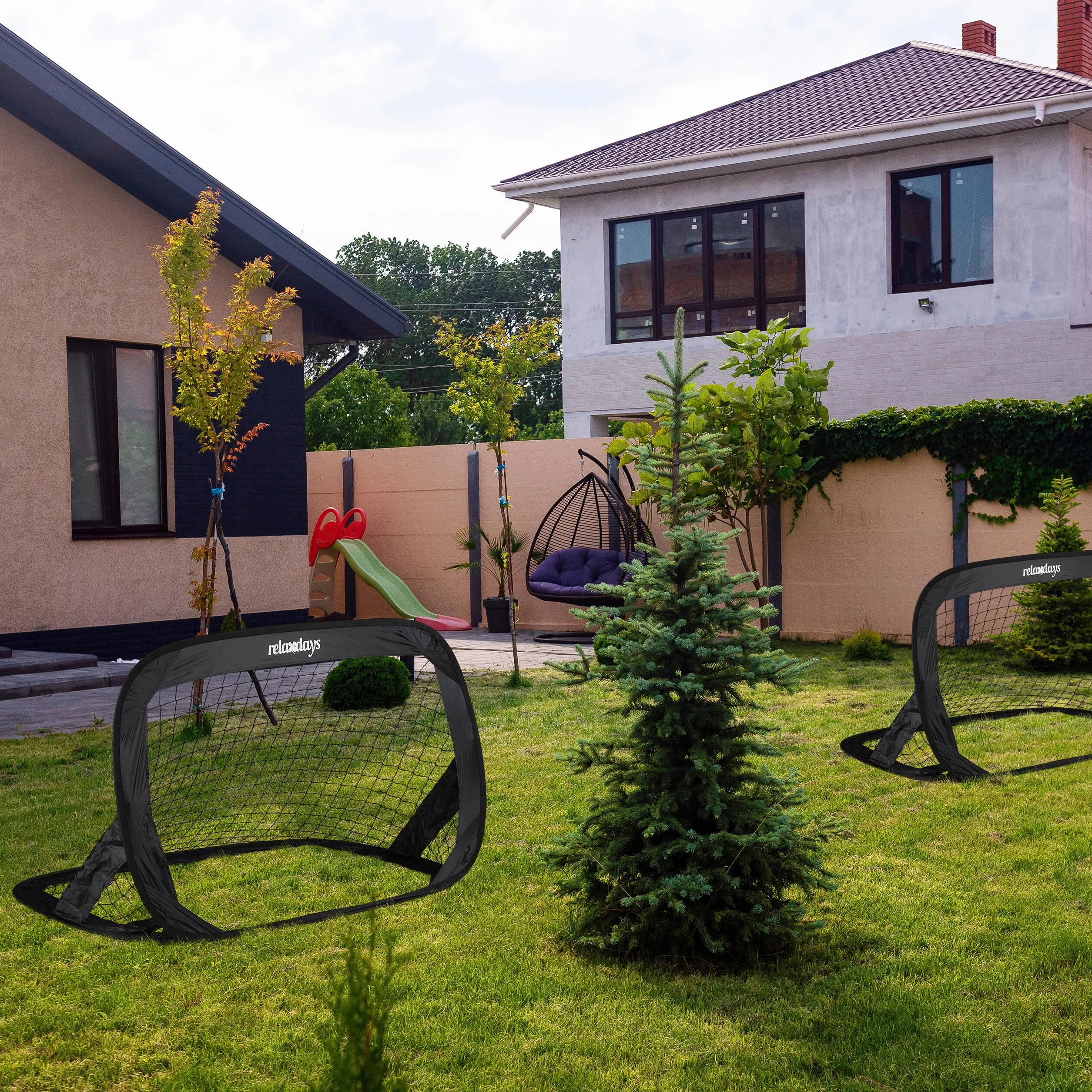 Relaxdays Pop Up Tore 2er Set, Faltbare Fußballtore für Garten, 77 x 122 x 83 cm, Schwarz