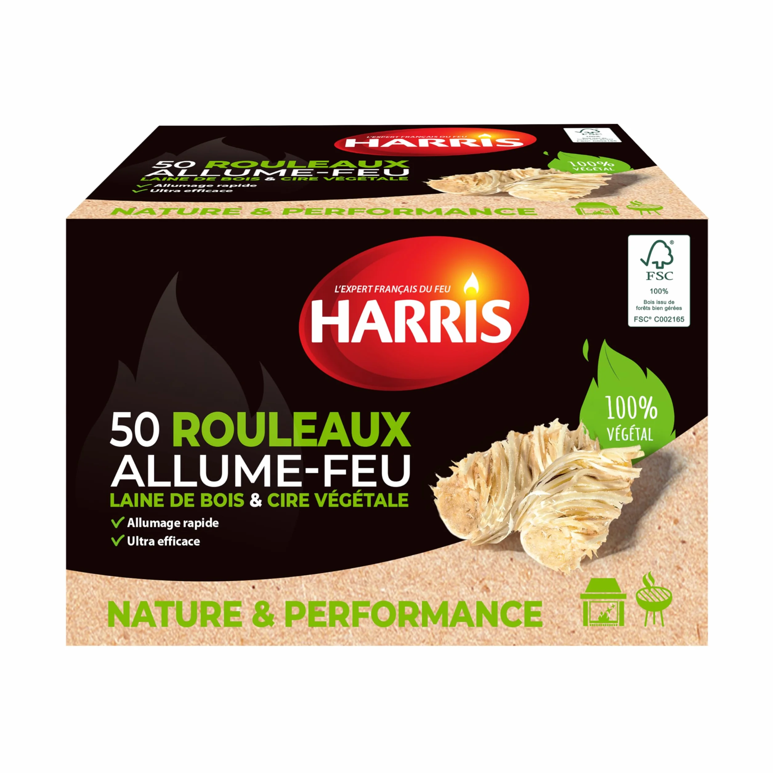 HARRIS - 50 Rouleaux Allume-feu - 100% naturels - Laine de Bois & Cire - Allumage Rapide - Ultra Efficace - Etui Carton refermable - Bois FSC - Fabrication Française - x50