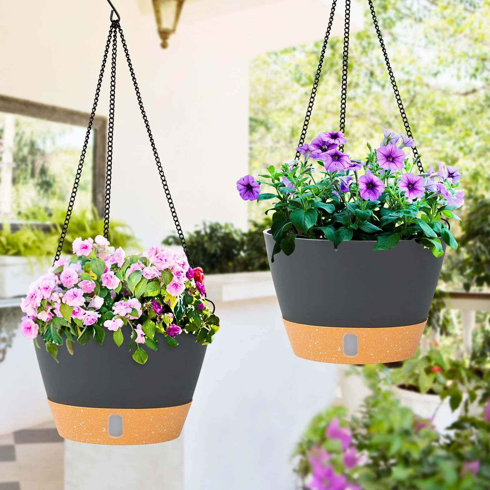 Lot de 2 Pots de Fleurs à Suspendre 20 cm Gris avec Trou de Drainage et 3 Crochets