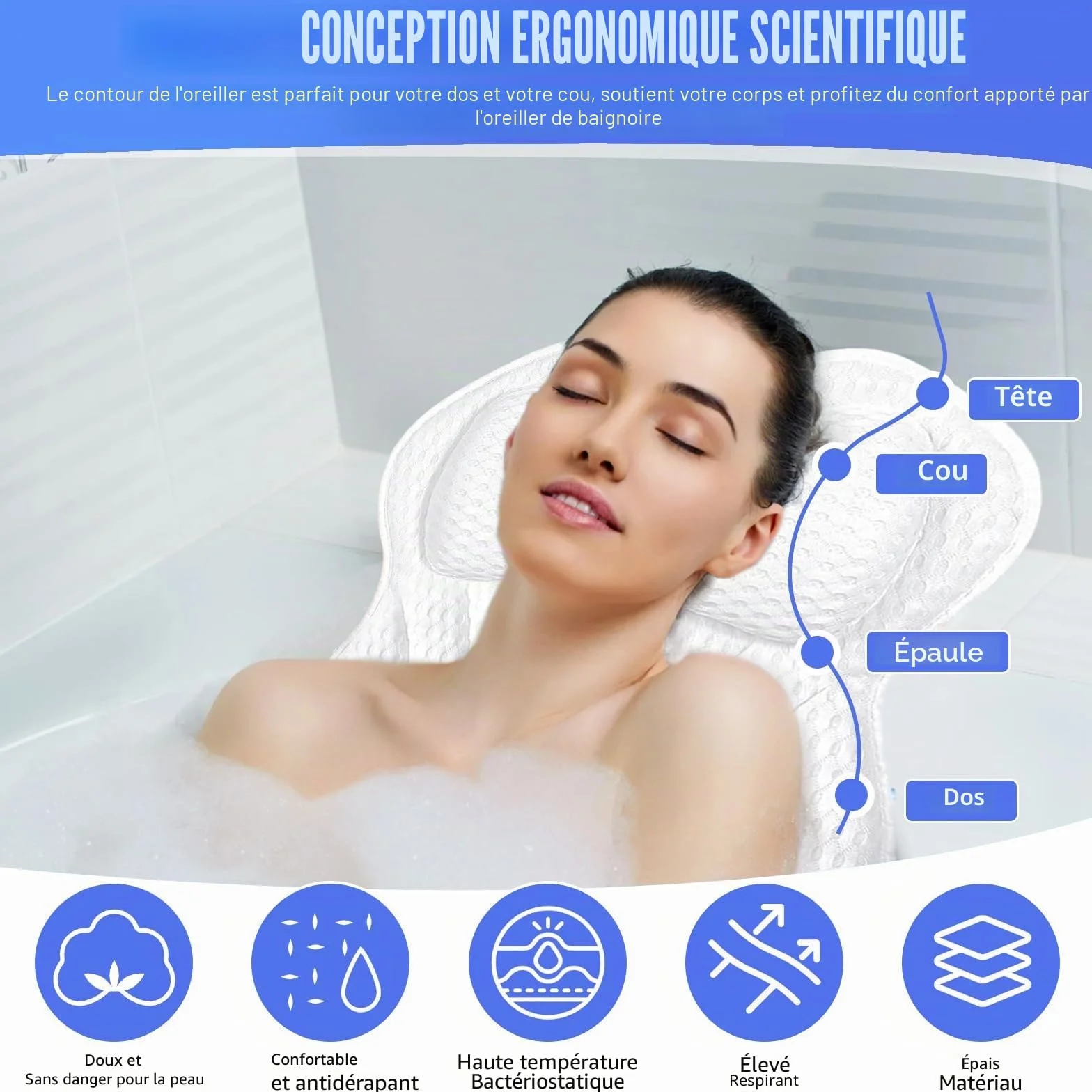 Oreiller de Bain Ergonomique 4D avec Ventouses Antidérapantes, Coussin de Baignoire Amovible, Repose-Tête, Accessoires de Bain Spa Blanc
