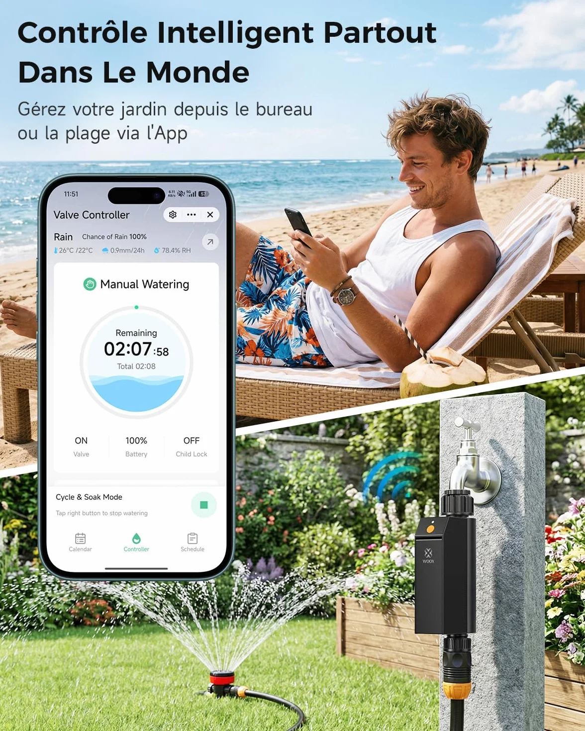 WOOX Programmateur Arrosage WiFi Intelligent 2,4GHz Contrôleur d'Arrosage IP65 Étanche Minuteur Automatique