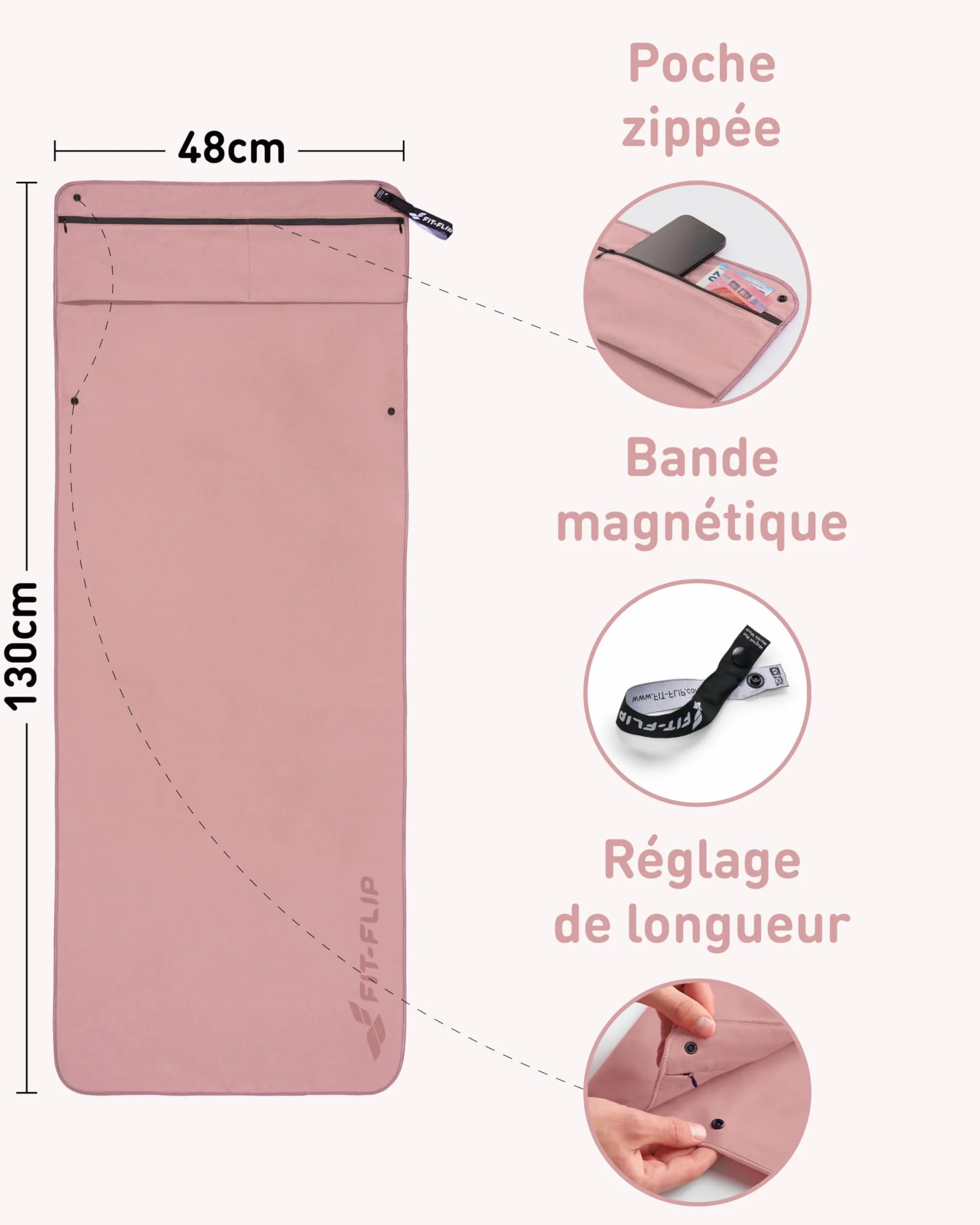 Fit-Flip Serviette de Fitness en Microfibre – avec Poche Zippée et Aimant – Serviettes pour Salle de Sport – Compact, antidérapant et séchage Rapide – Serviette de Sport Musculation