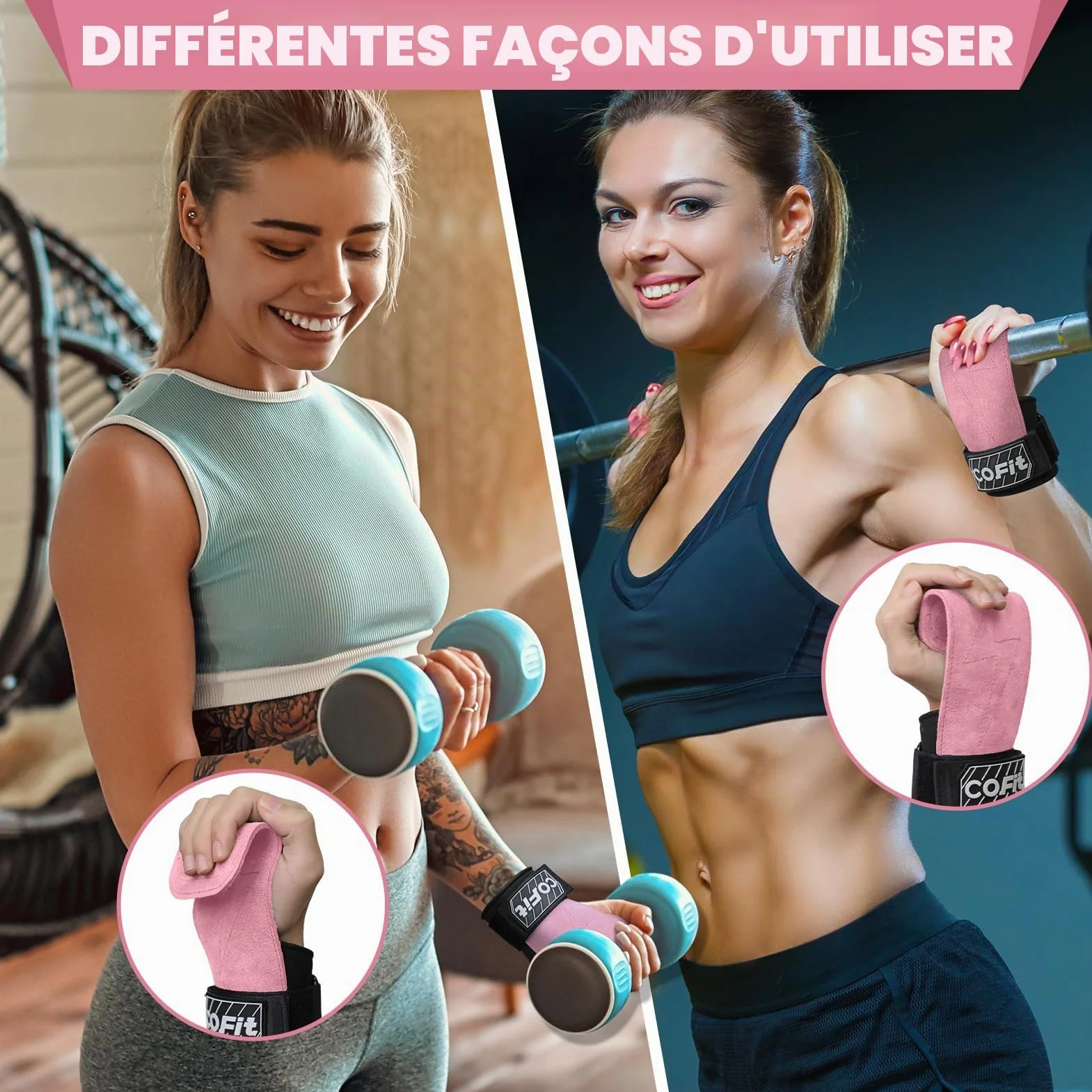 COFIT Sangles de Poignet Musculation, Bandages Cuir Oxford Double Couche, Adhérence Améliorée Protection Main Poignet