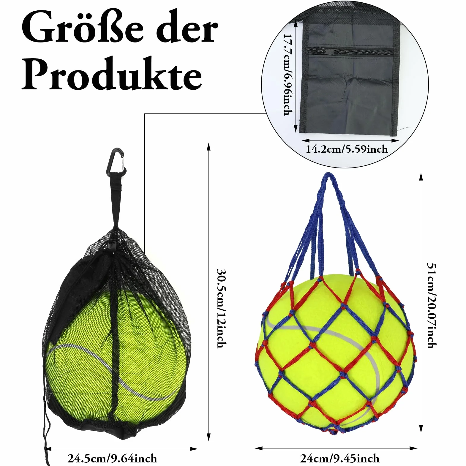 Sac à Ballon en Maille Filet,Portable et Pliable avec Cordon de Serrage et Mousqueton，pour 1 Ballon avec Poche zippée, Sac à Dos pour Basketball, Football, Handball, Volley-Bal