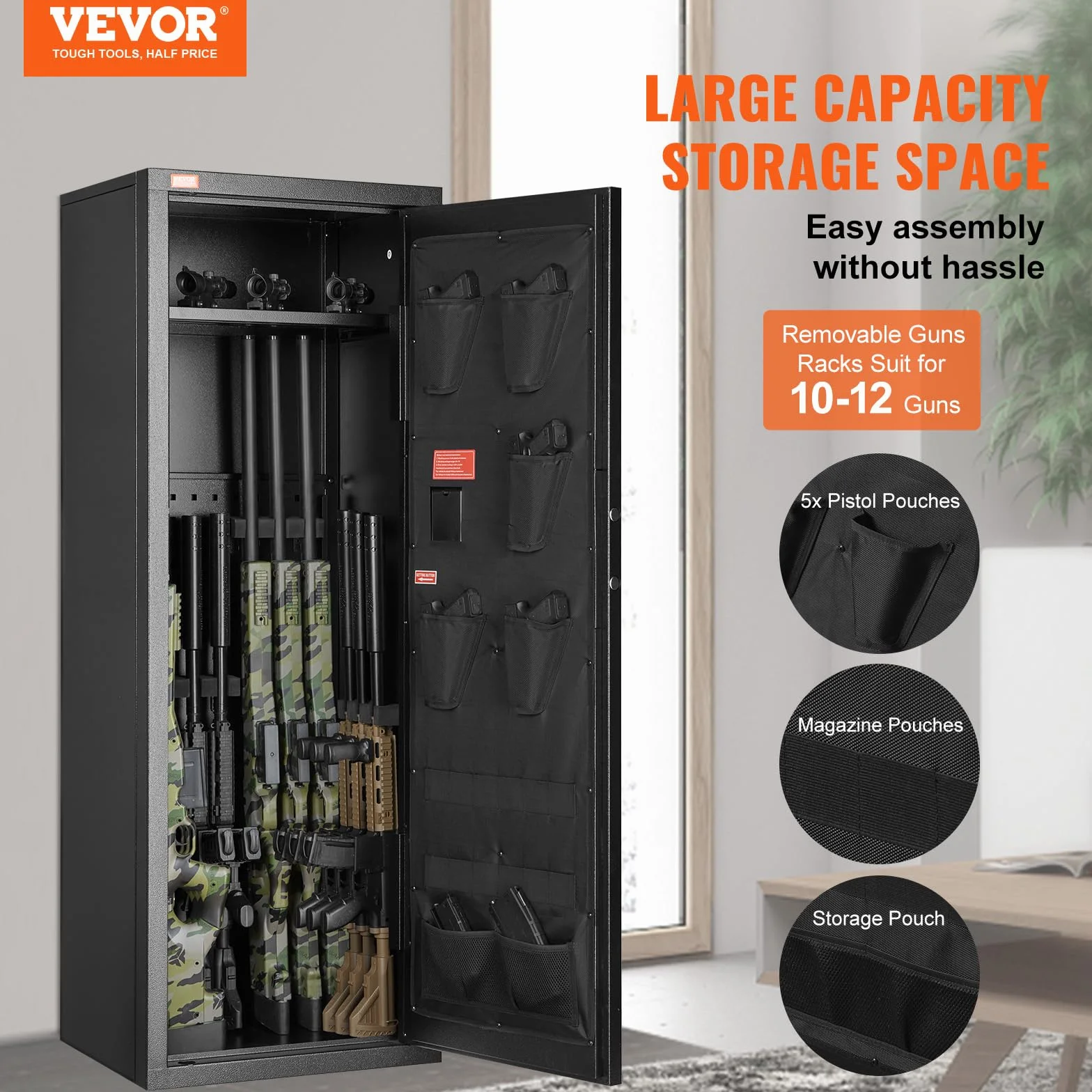 VEVOR Armoire à 10-12 Fusils, Coffre-Fort pour Armes à Feu 2 Façons de Verrouillage par Clavier Numérique et Clés, Accès Rapide, avec Étagère Amovible, Rangement pour Fusil de Chasse Sécurité